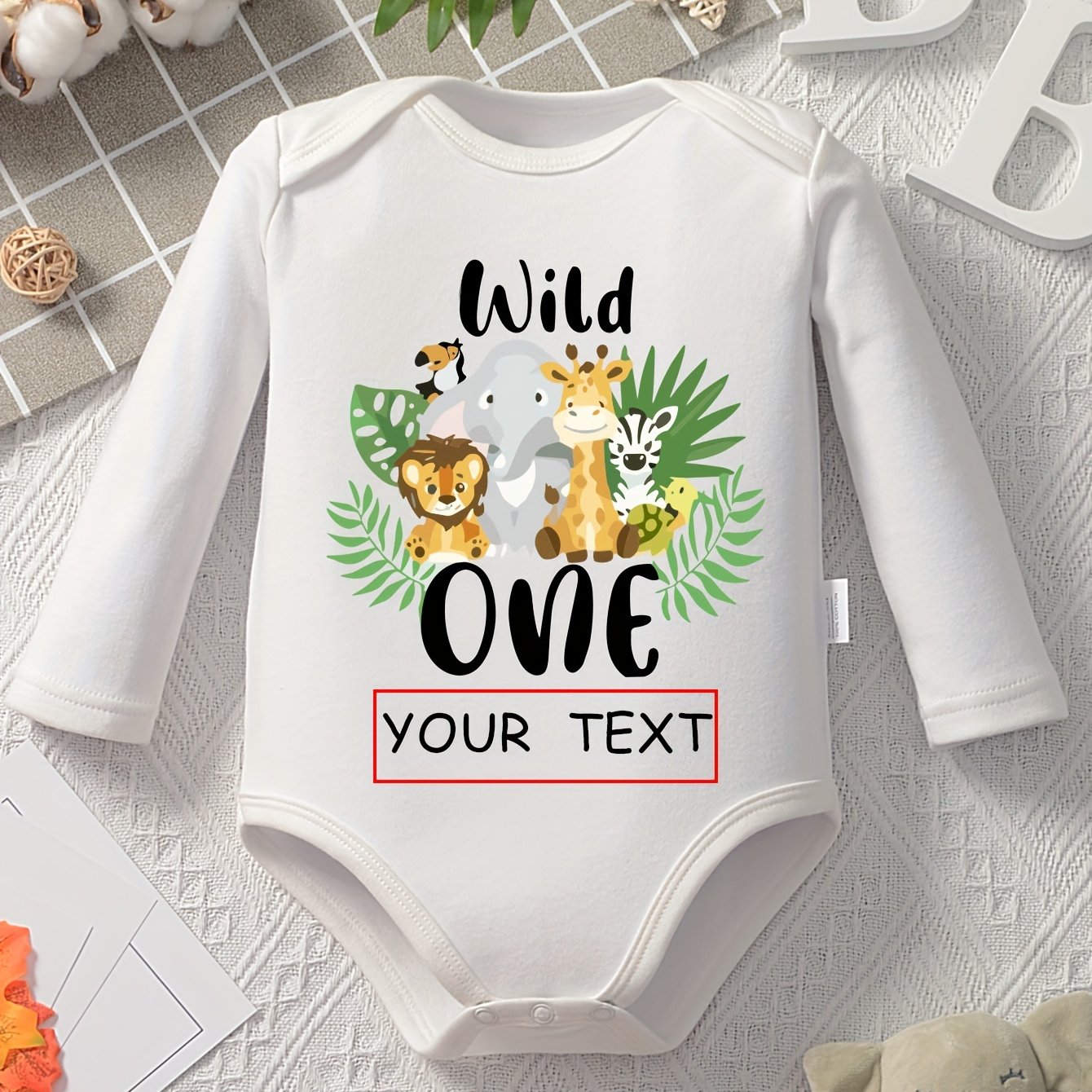Image of [custom Product] Care, Baby' Journey, Cute Cartoon Animal Combination, Pure Cotton Unisex Triangle Long-sleeve Romper, Custom Logo, Baby's Name, Gift , 1pc, Perfect For Outdoor