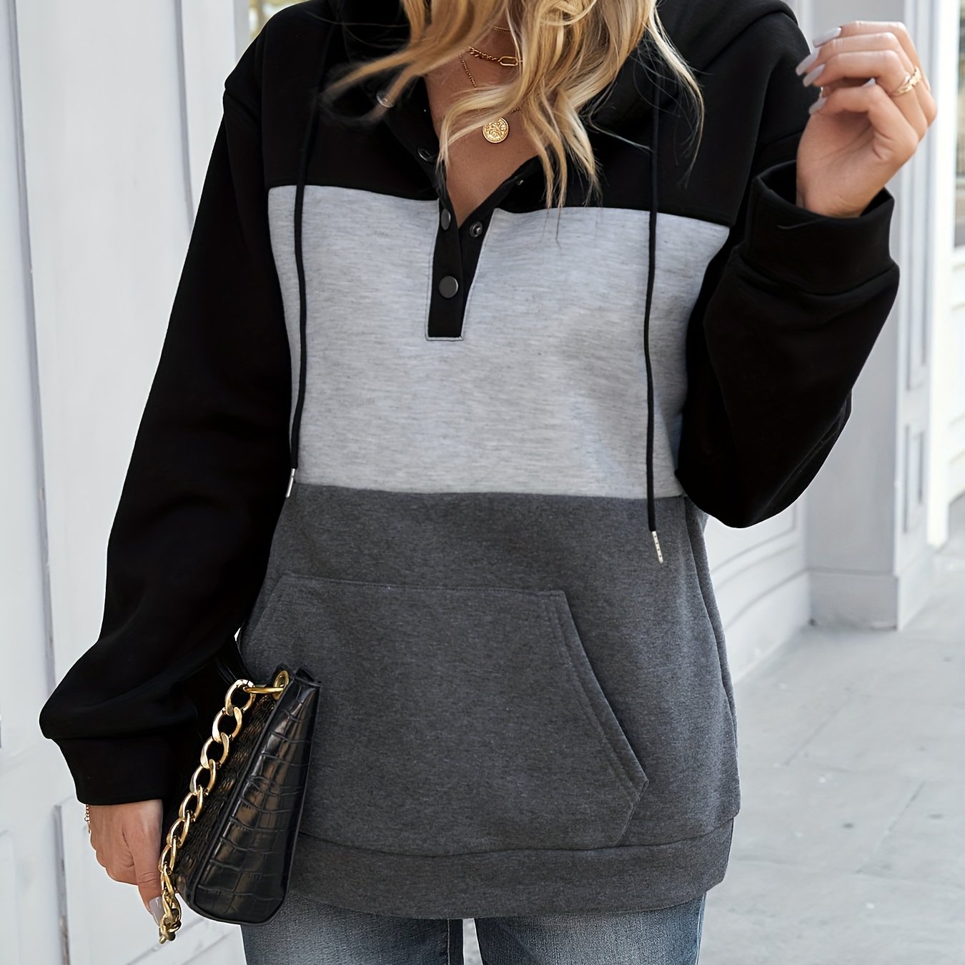 Self-designed Color Block Spliced Hooded Single- Drawstring Pullover Sweatshirt