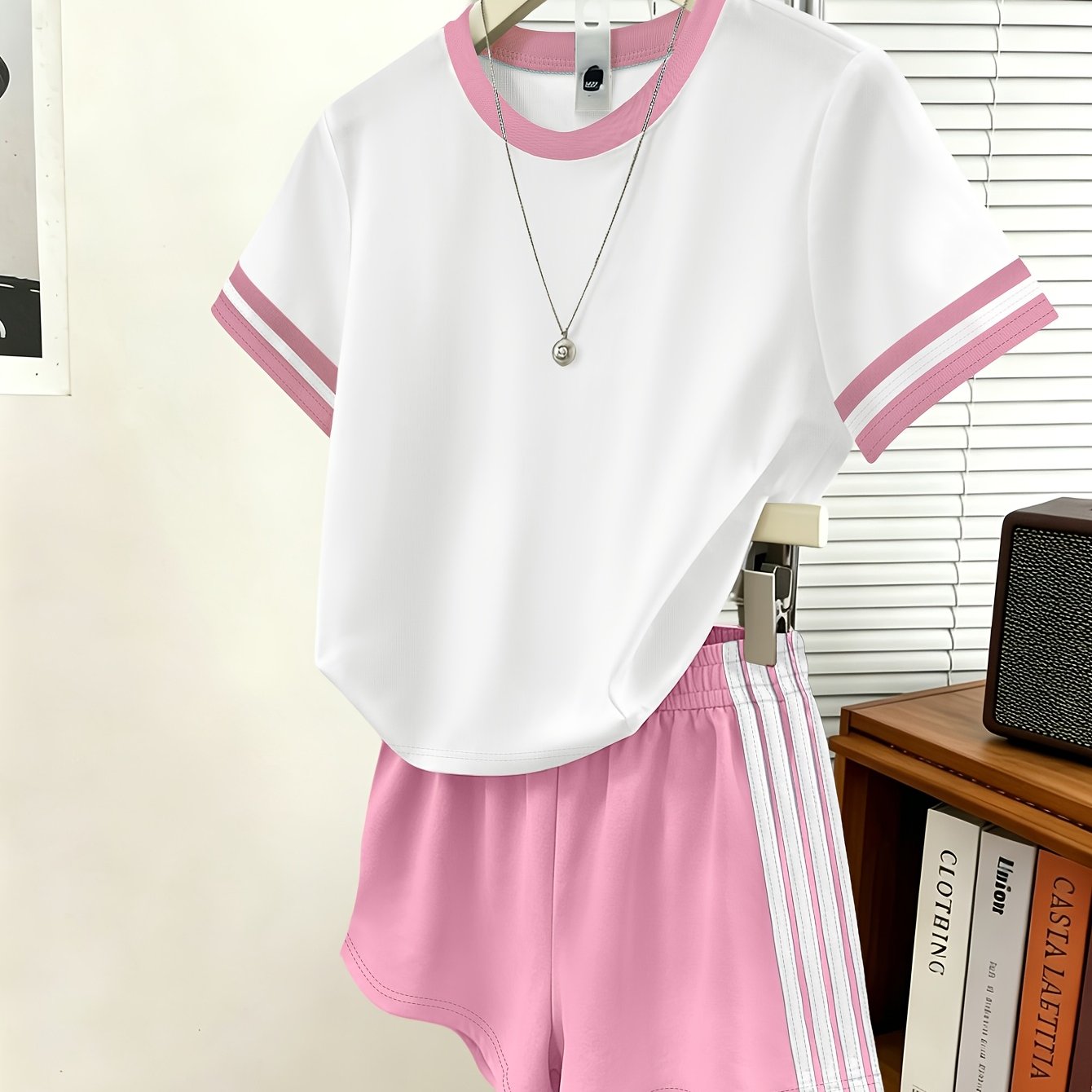 TEMU 2pcs Women's Outfit Set - - Contrast Short Sleeve T-shirt And Shorts | Machine Washable, With Side Striped Detail, Elastic Waistband, Suitable