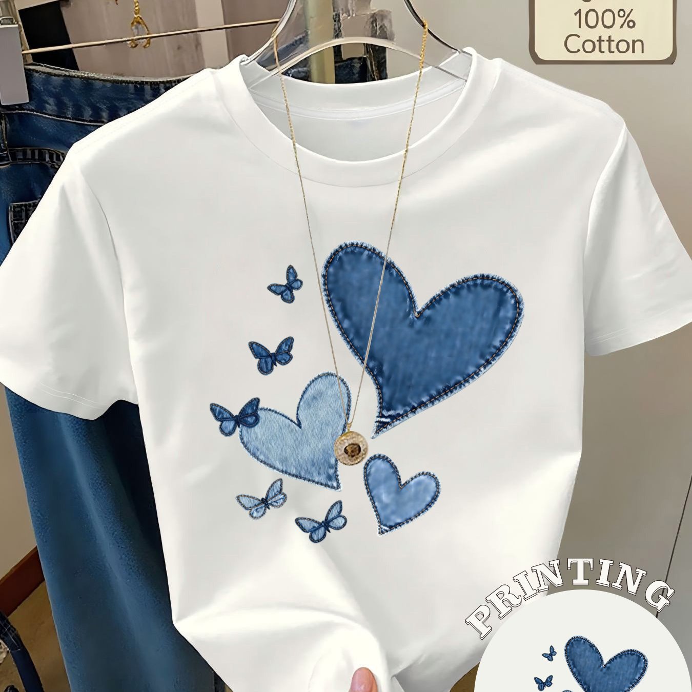 Image of Plus Size - Denim-style Heart And Print T-shirt, Round Neck Short Sleeve, Comfortable And Breathable For Daily Summer Wear, Women's Summer Clothing
