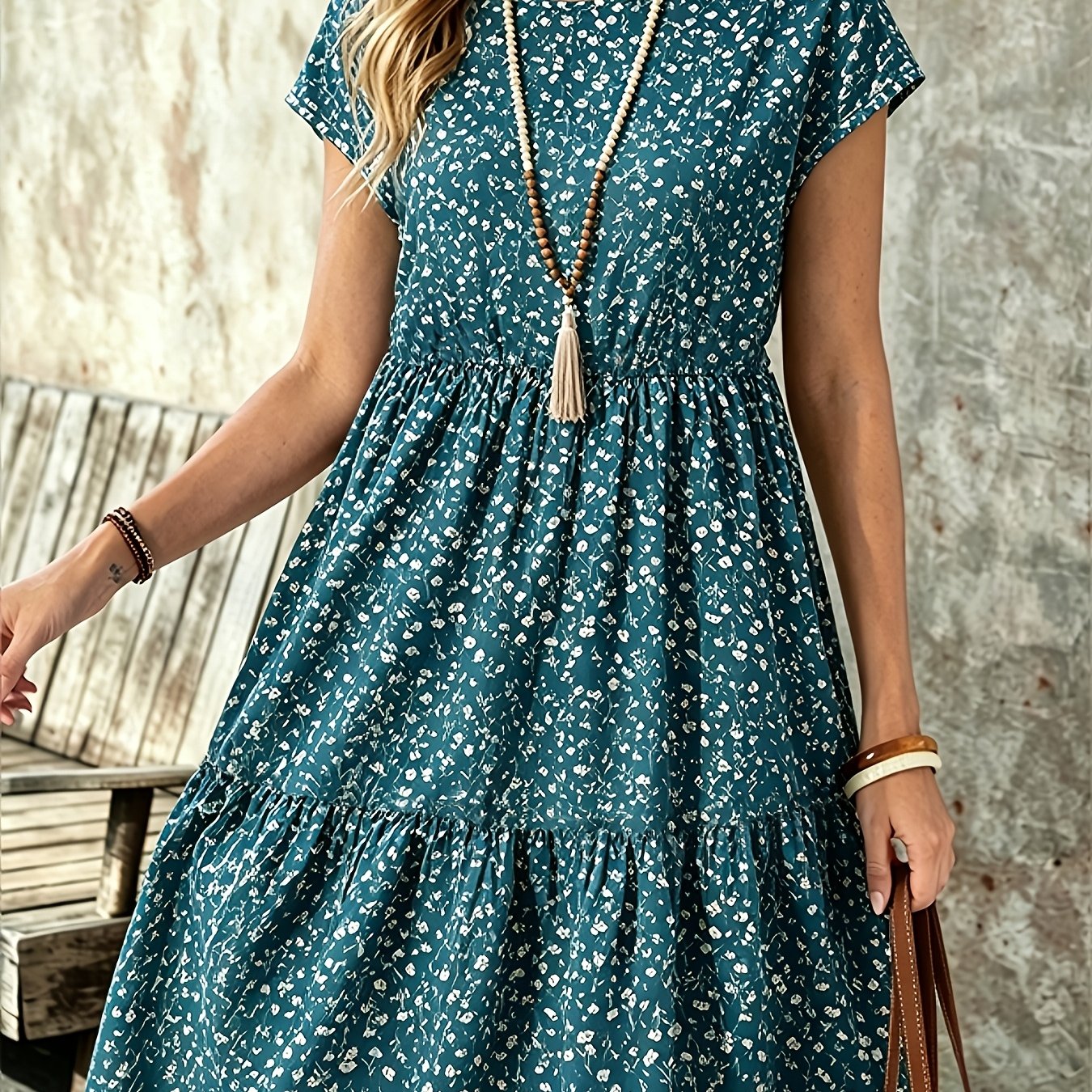 TEMU Floral Print Round Neck Dress, Spring Summer Short Sleeve Sexy Fashion Vacation Dress