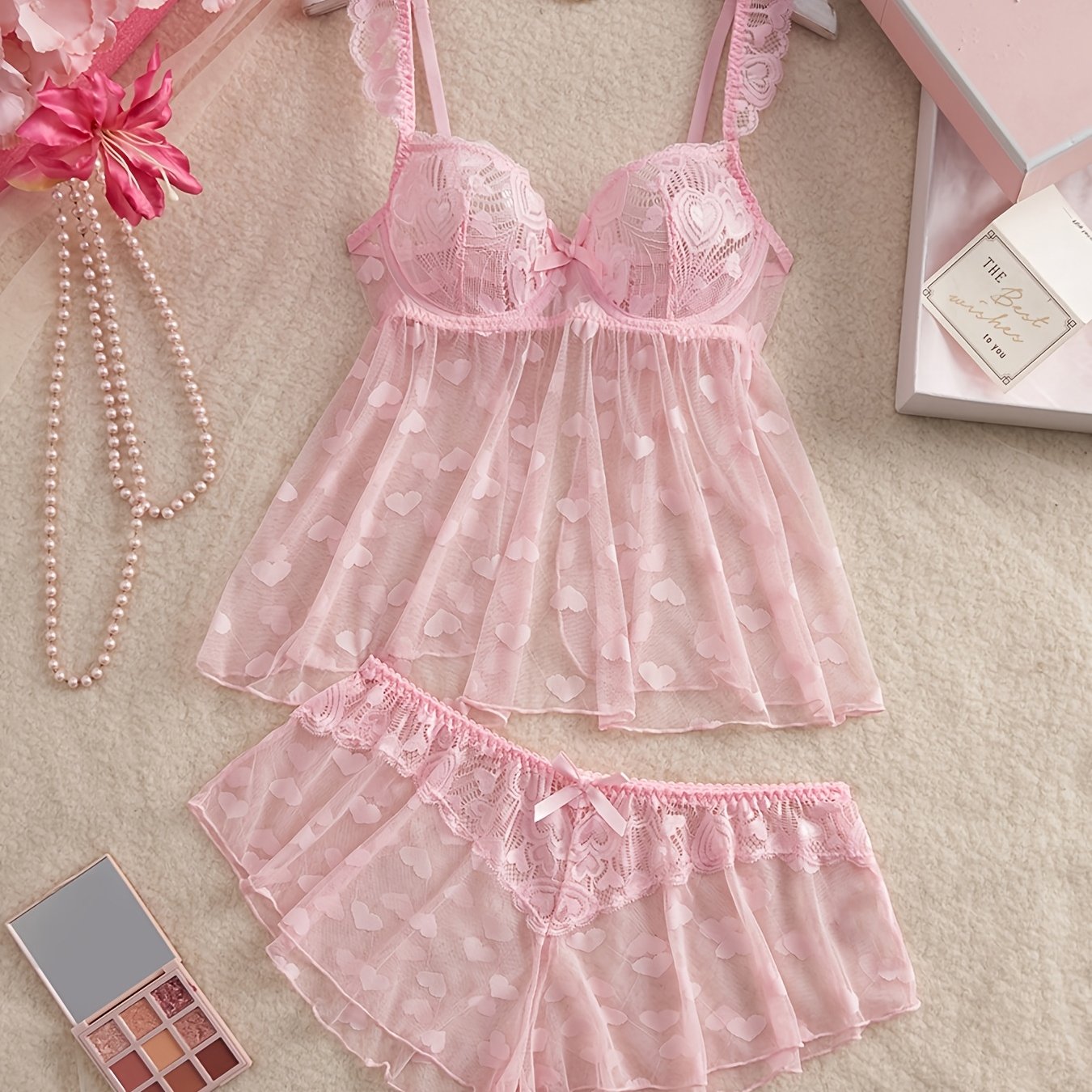 Lace-trimmed Heart-shaped Mesh With Underwire Sexy Two-piece Pajamas