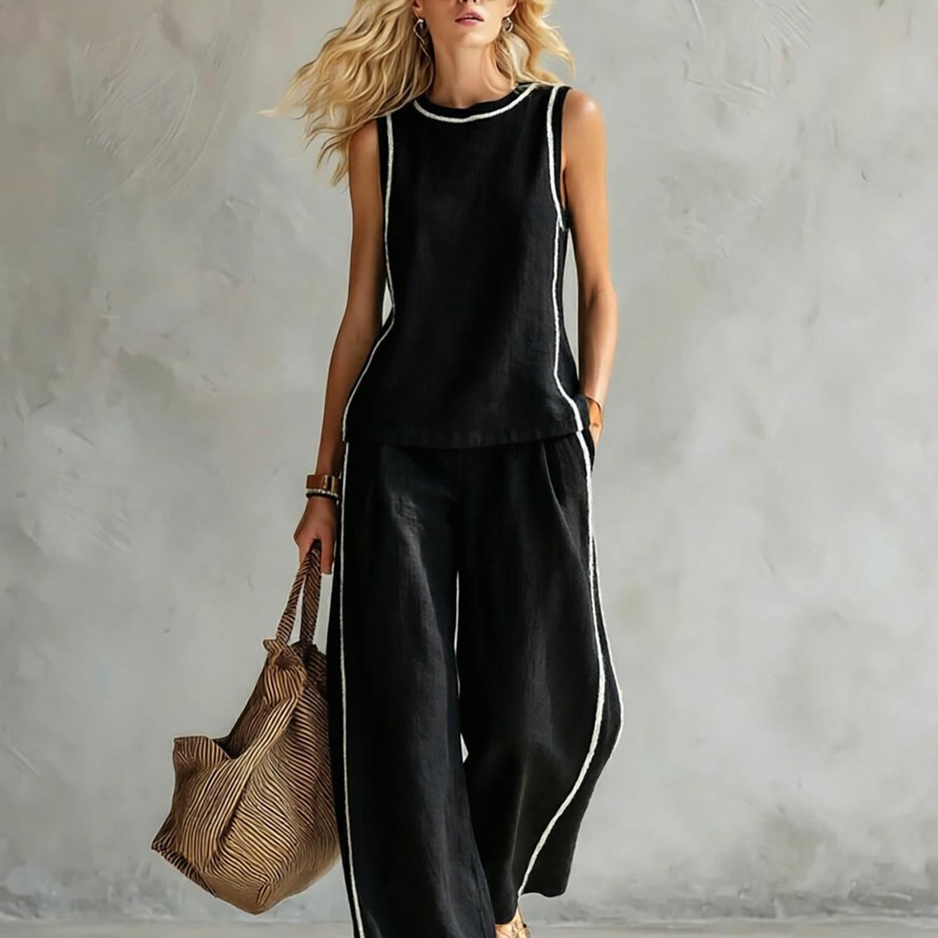 New Women's Summer Clothing: Top And Pants Set White Stripe Trim Summer Vest Set Casual Wear Machine Washable Fiber Easy And Two-piece Set 2d Flat Printing Summer