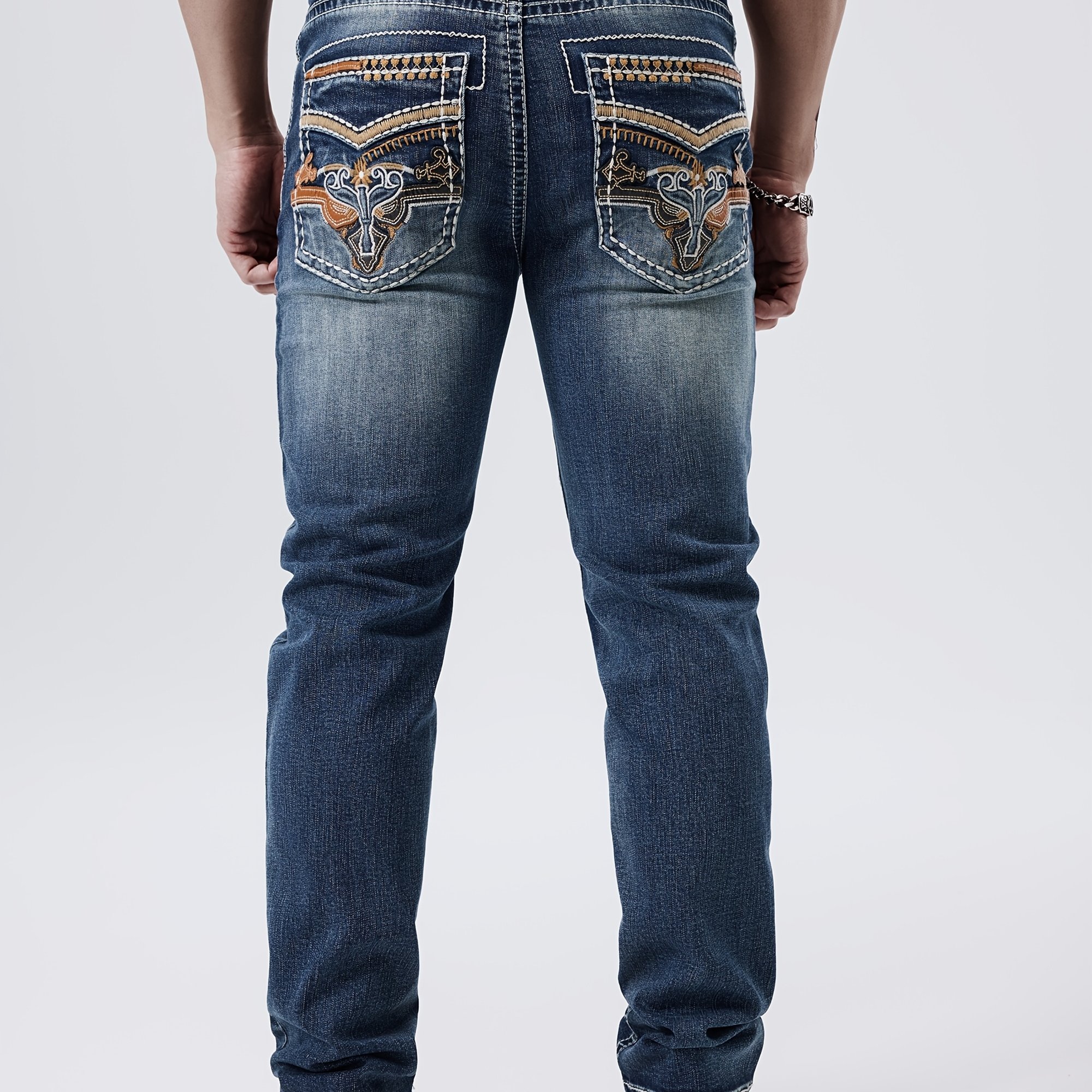 Embroidered Stretch Denim Jeans With Thick Lines
