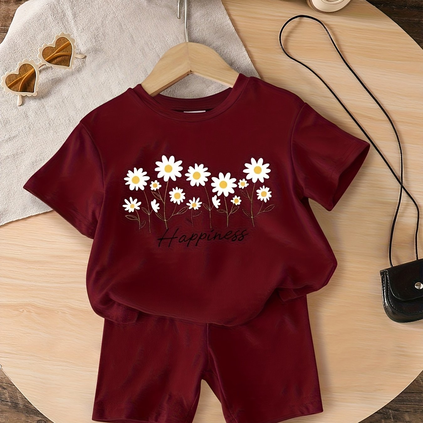 Image of 2pcs Set Of Children's Easy Letter Small Daisy Print Round Neck Knit Short Sleeve T-shirt And Red Elastic Waist Shorts, Girls' Outdoor Versatile Casual Children's Wear, For Outdoor, Sweat-resistant -