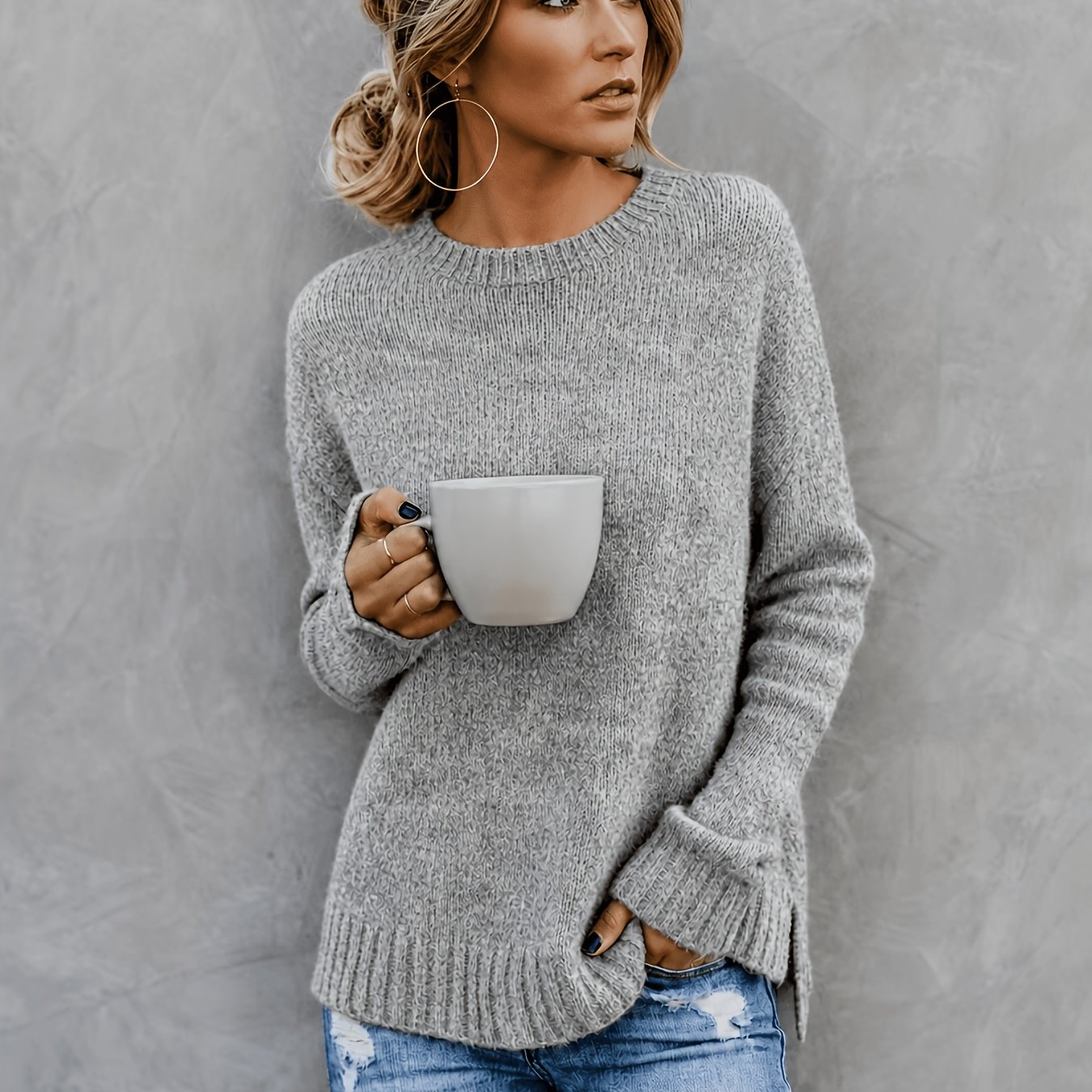TEMU Women's Casual Commuter Style Retro All-match Front Short Back Long Slit Round Neck Long Sleeve Sweater Pullover