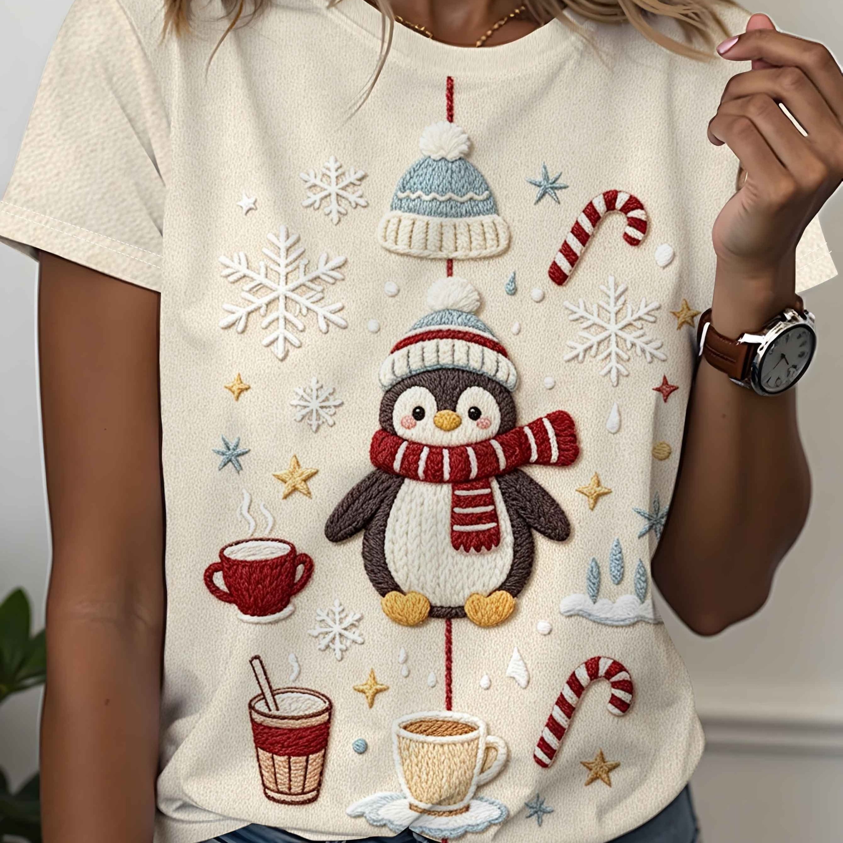 TEMU Women's Winter Penguin Embroidered Print Short Sleeve T-shirt, Snowflake Candy Hot Coffee Cartoon Pattern, Soft Creamy White Loose Fit,