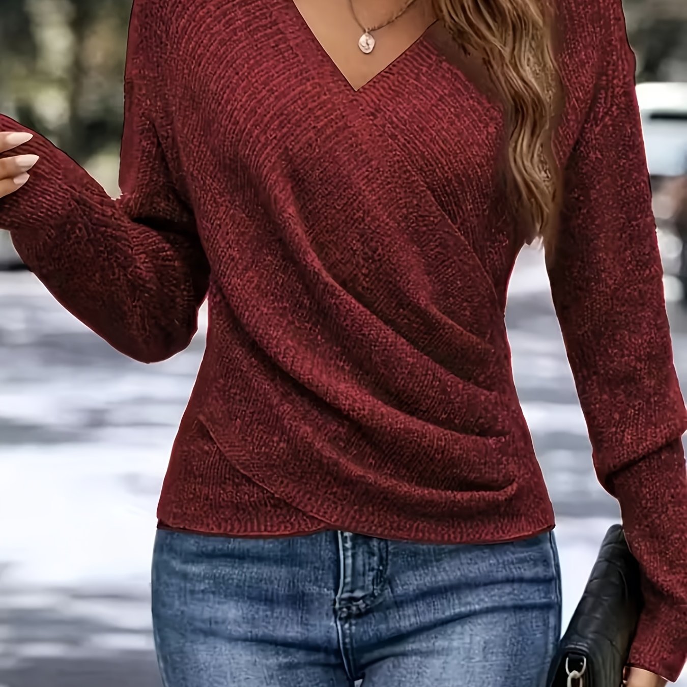 TEMU Women's Elegant V-neck Long Sleeve Sweater | Soft Warm Winter Pullover, Office & Party Outfit, Non-transparent Layering Essential, Fall/winter