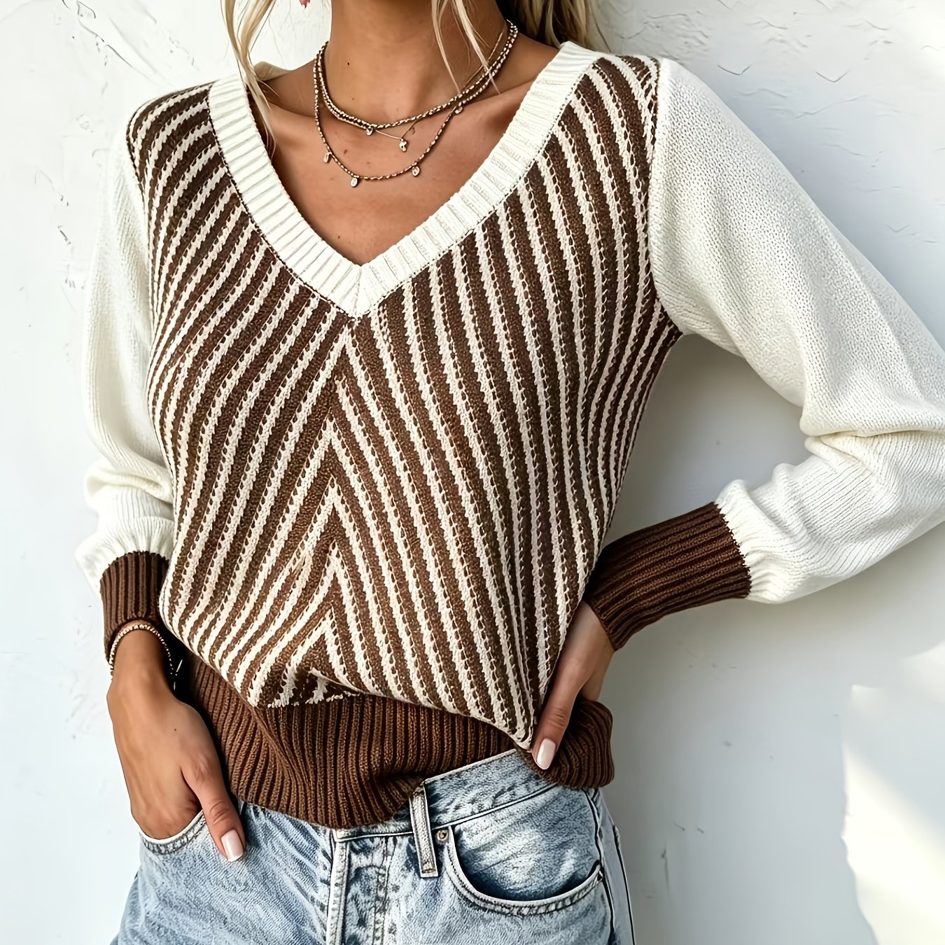 TEMU Color-block V-neck Sweater For Women, Color-block Long-sleeve Spliced Ribbed Pullover Top. Soft And Lightweight Fabric, Casual Women's Wear With