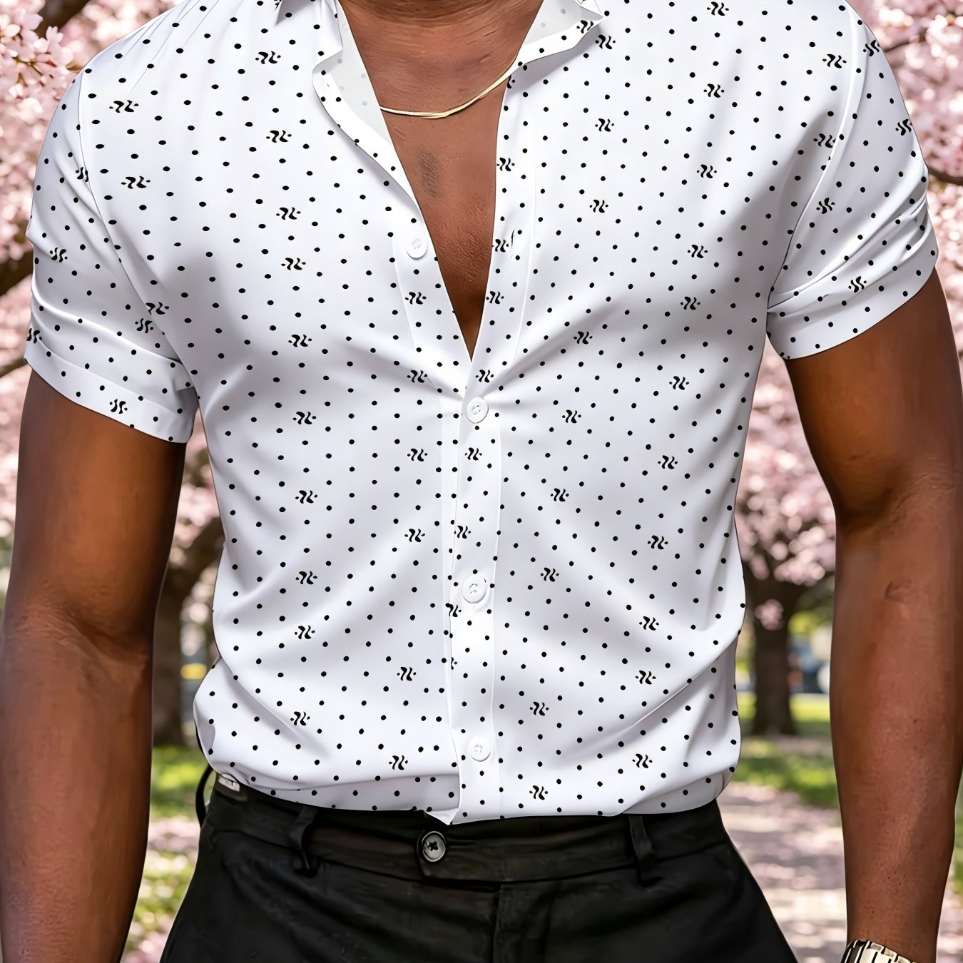 TEMU Men's Summer Black Polka Dot And Individual Creative Geometric Pattern Short Sleeve Shirt, Comfortable Skin-friendly Breathable, Daily And