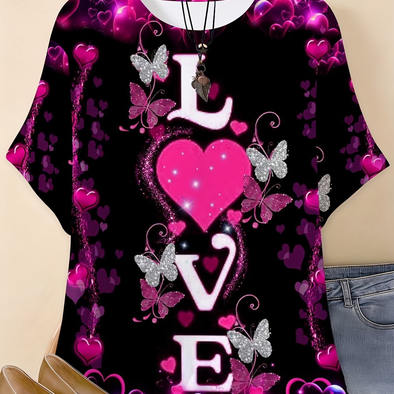 TEMU Plus Size - Plus Size - Plus Size Heart-shaped Print T-shirt | Black, Pink And Purple, Casual Wear, Short Sleeve, For Print, Suitable For ,