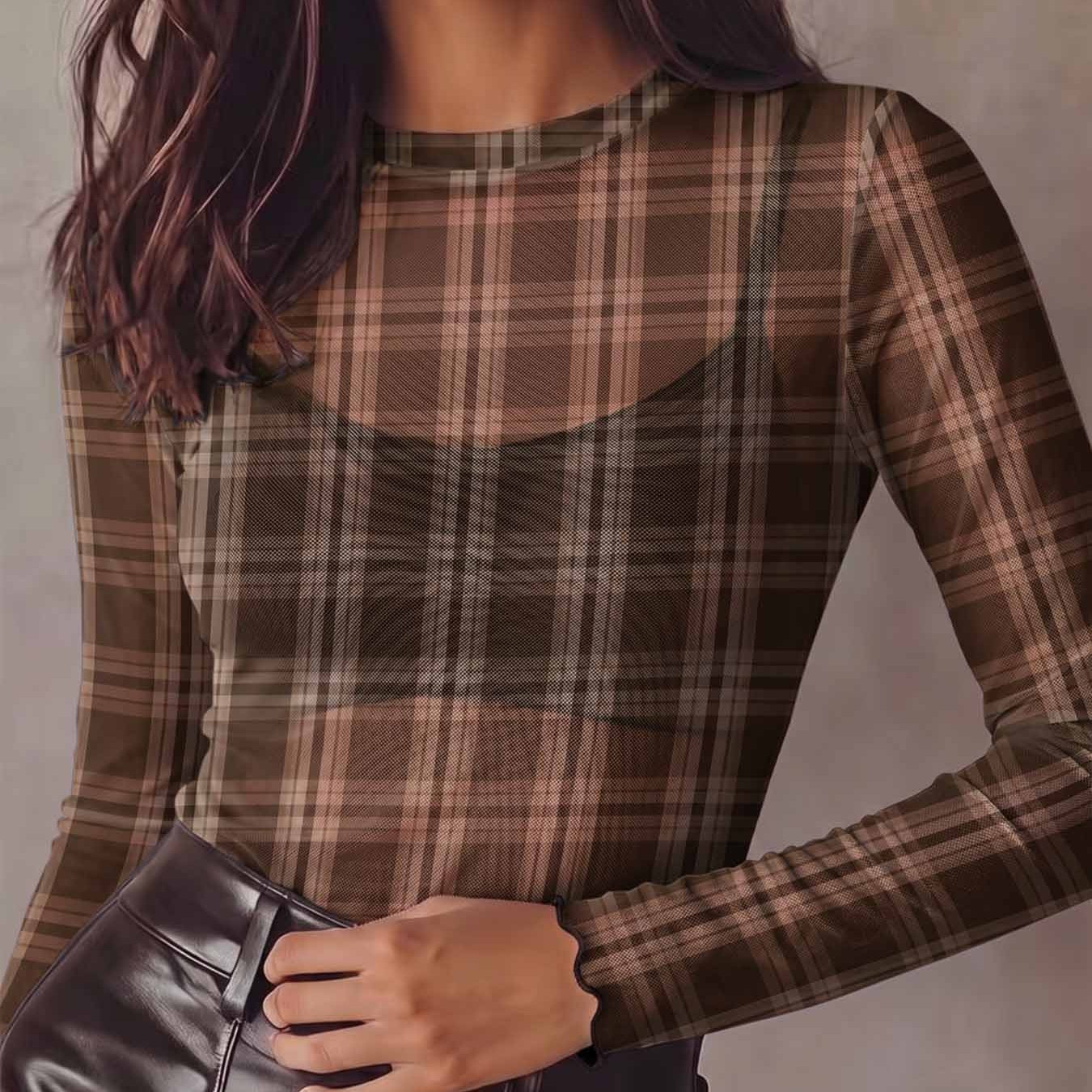 TEMU Women's Mesh Sexy Sheer Top, Pattern With Intersecting Lines Squares, Print Design, Breathable And Comfortable Skin-friendly Stretch Fabric,