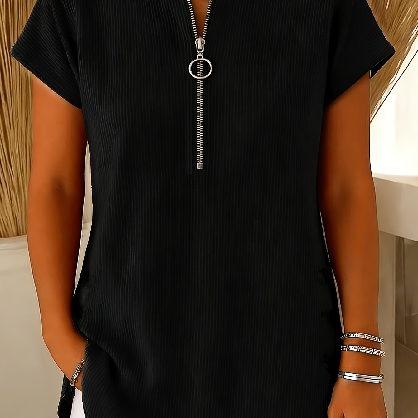 TEMU Plus Size, Fashionable Casual Ribbed Comfortable Crew Neck Zippered Cover Sleeve Top T-shirt Plus Size Women's Clothing