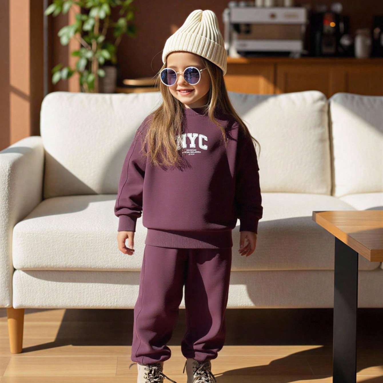 TEMU Girls' Autumn Winter 2pcs Set Casual Sports Letter Print Pullover Cargo Sweatshirt And Joggers, Everyday Outdoor All-match Set, For Outdoor