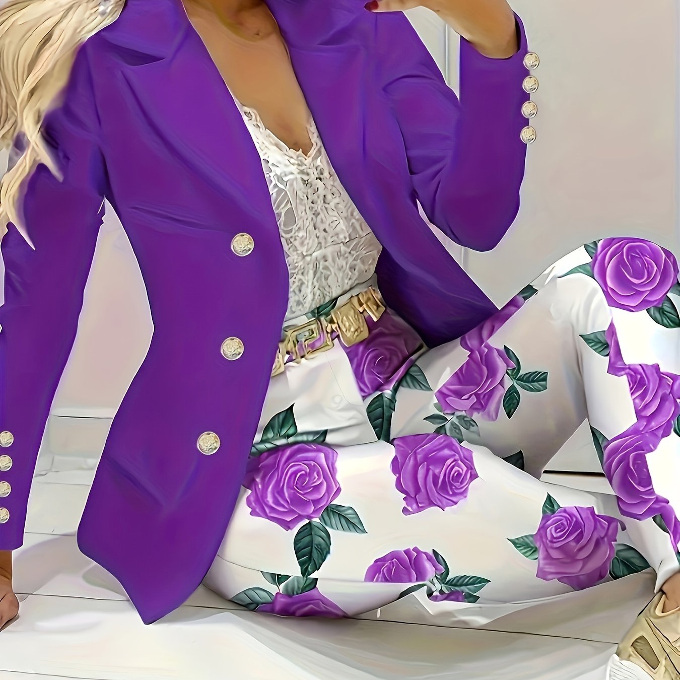 TEMU Elegant Pants Set, Double Breasted Lapel Neck Blazer & Floral Print Pants Outfits, Women's Clothing