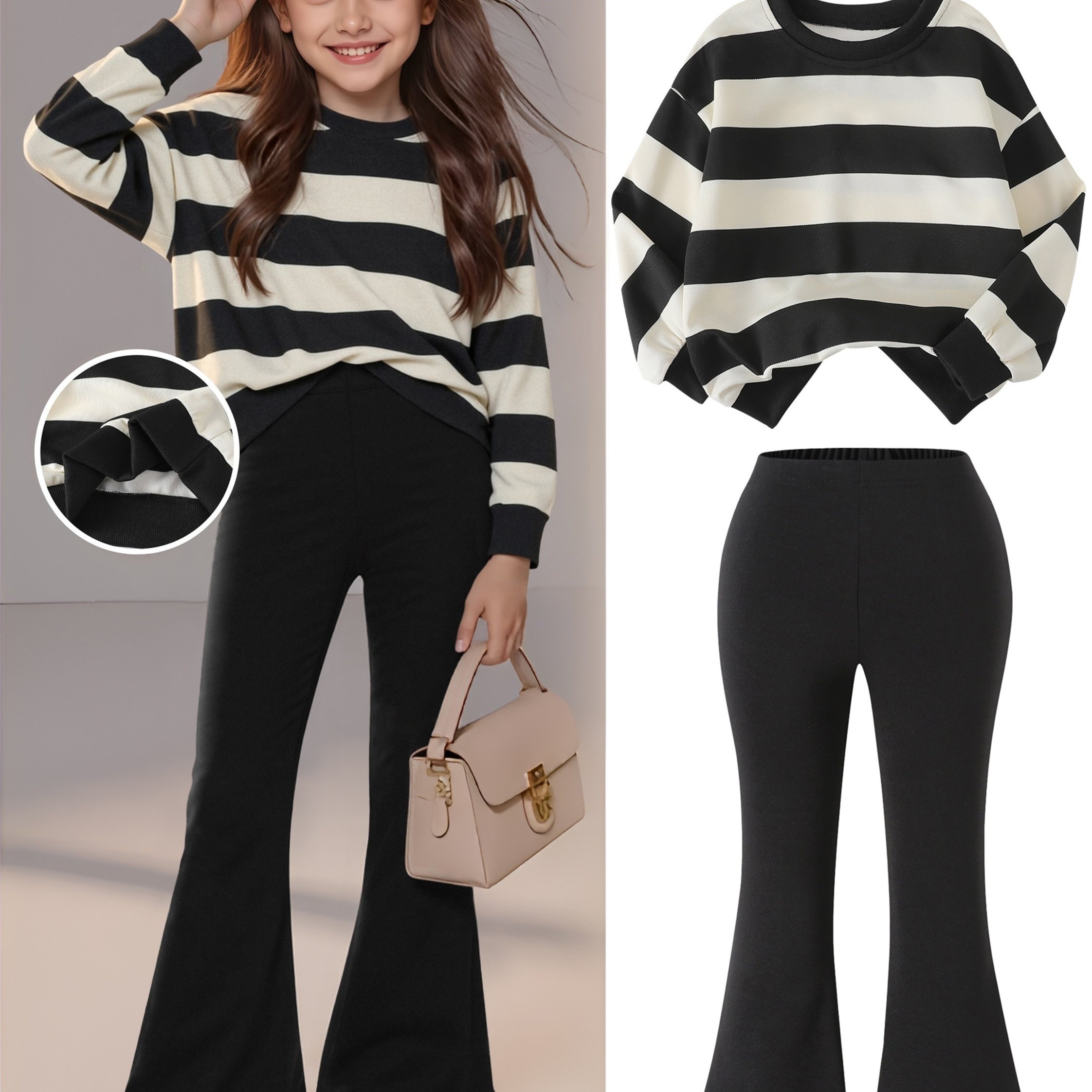 Image of Girl's Fashion Casual Set, 2-piece Outfit: Crew Neck Long Sleeve Striped Top + Black Flared Pants, New Children's Casual Outdoor Spring/autumn Wear