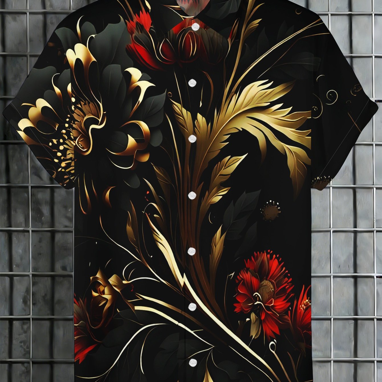 TEMU Black Short-sleeve Shirt, With Red And Golden Floral Leaves, Featuring A Button-