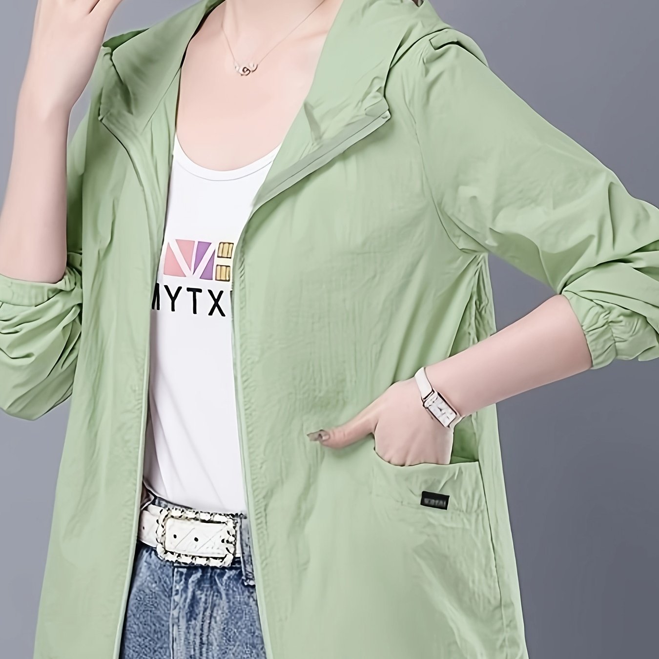 TEMU Fashionable Casual Summer Lightweight Hooded Jacket For Women, Middle-aged Moms' Loose Fit Breathable Outdoor Jacket, Loose Fit Versatile Daily