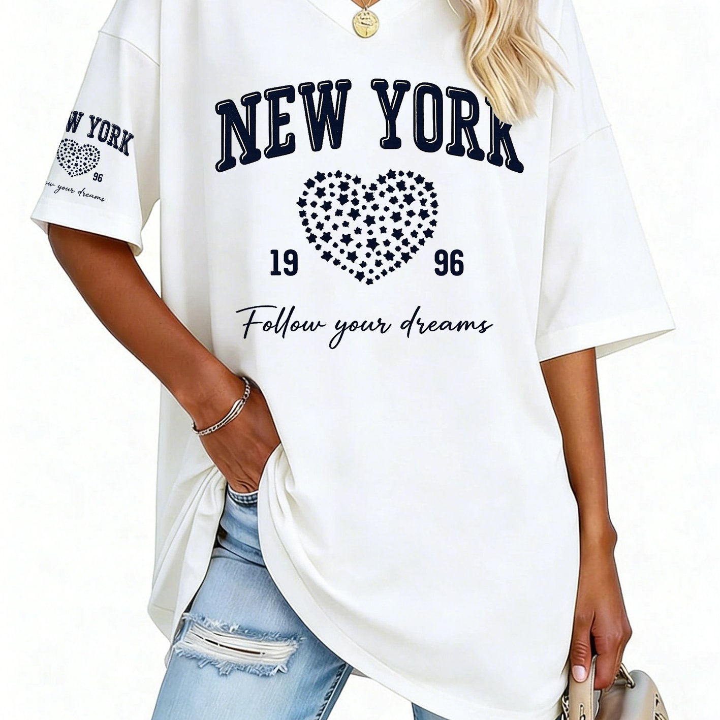 TEMU Women's Fashion V-neck Tee Featuring Relaxed Drop Shoulders