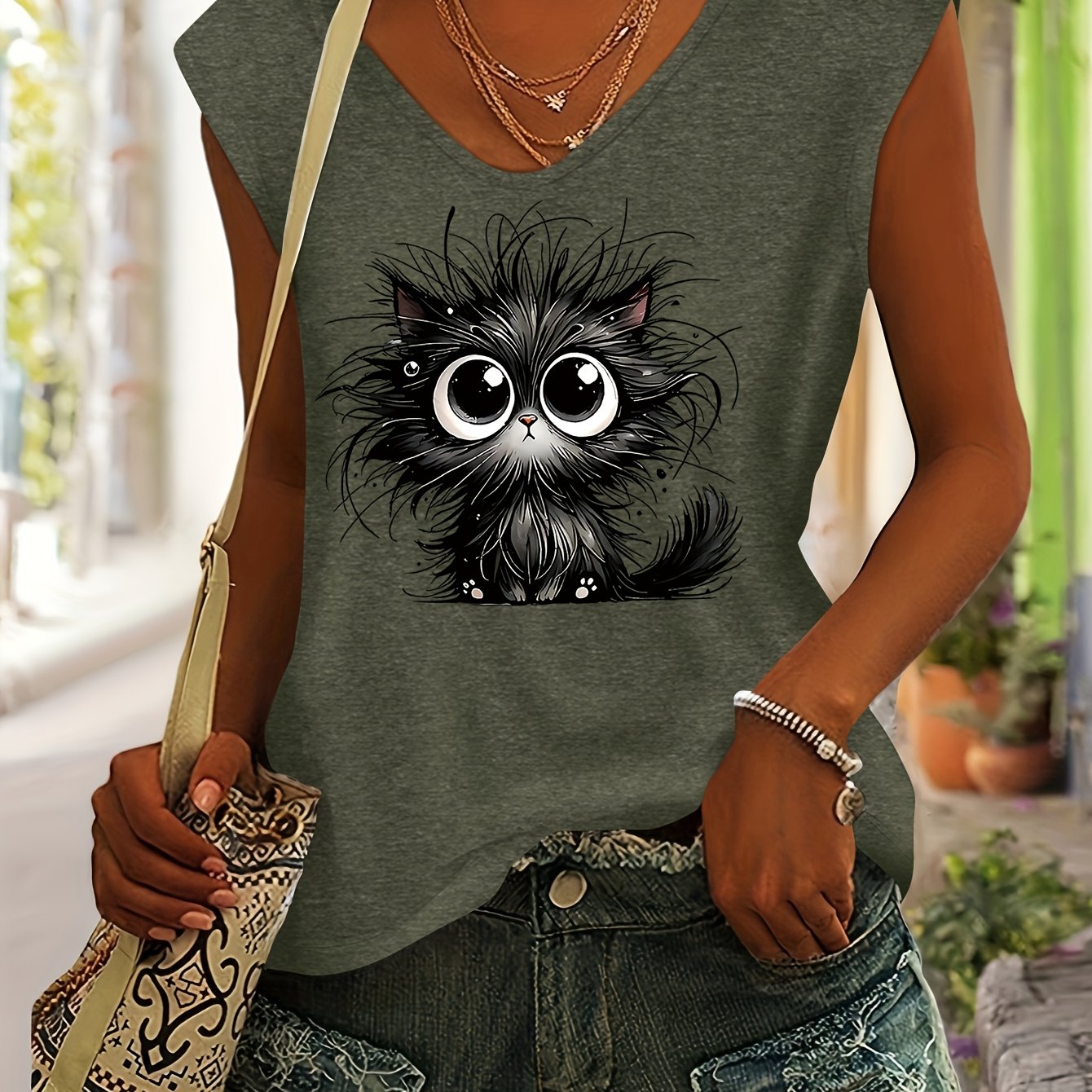 TEMU Spring And Summer Vest-style V-neck Short-sleeve T-shirt With A Sarcastic Cat Print