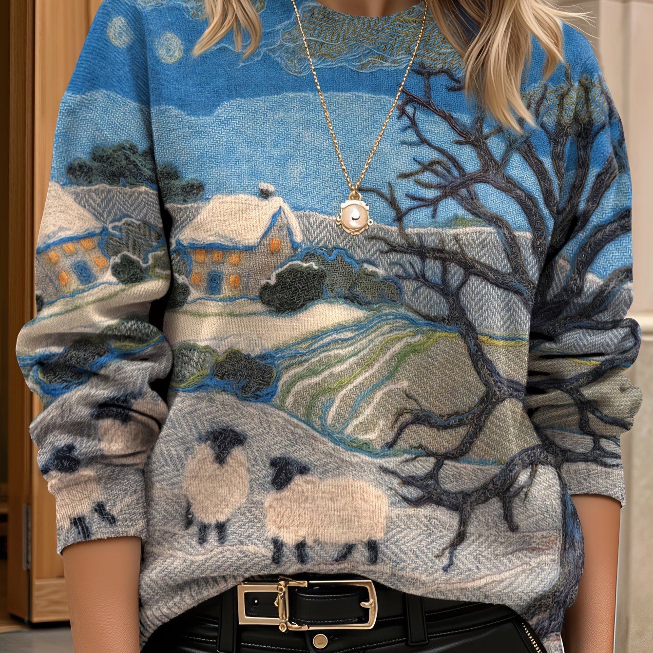 TEMU [printed Design - Not Textured] Women's All Over Printed Long Sleeve Universal Crew Neck Lightweight Sweater, Trendy Wear, Ultra Hd Winter