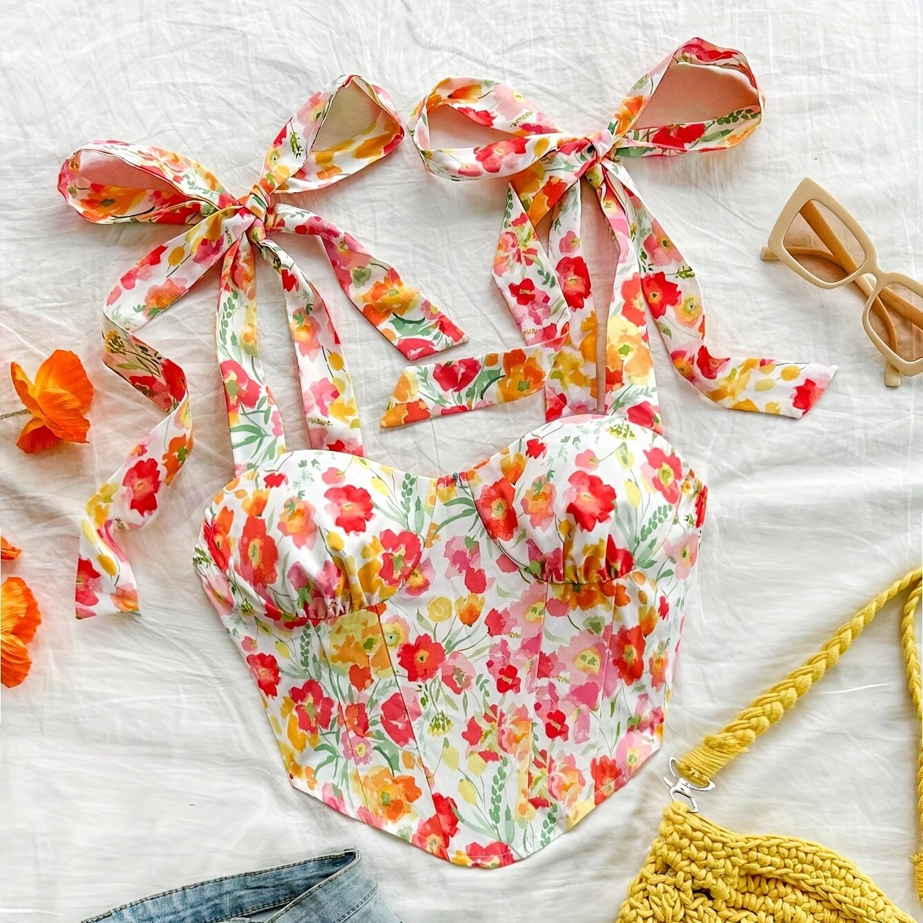TEMU Damensommer-Bikinitop im Urlaubsstil mit Blumenmuster und Schleifendetail - Sexy Rückenfreies Design, Oranges & Rotes Blumenmuster,