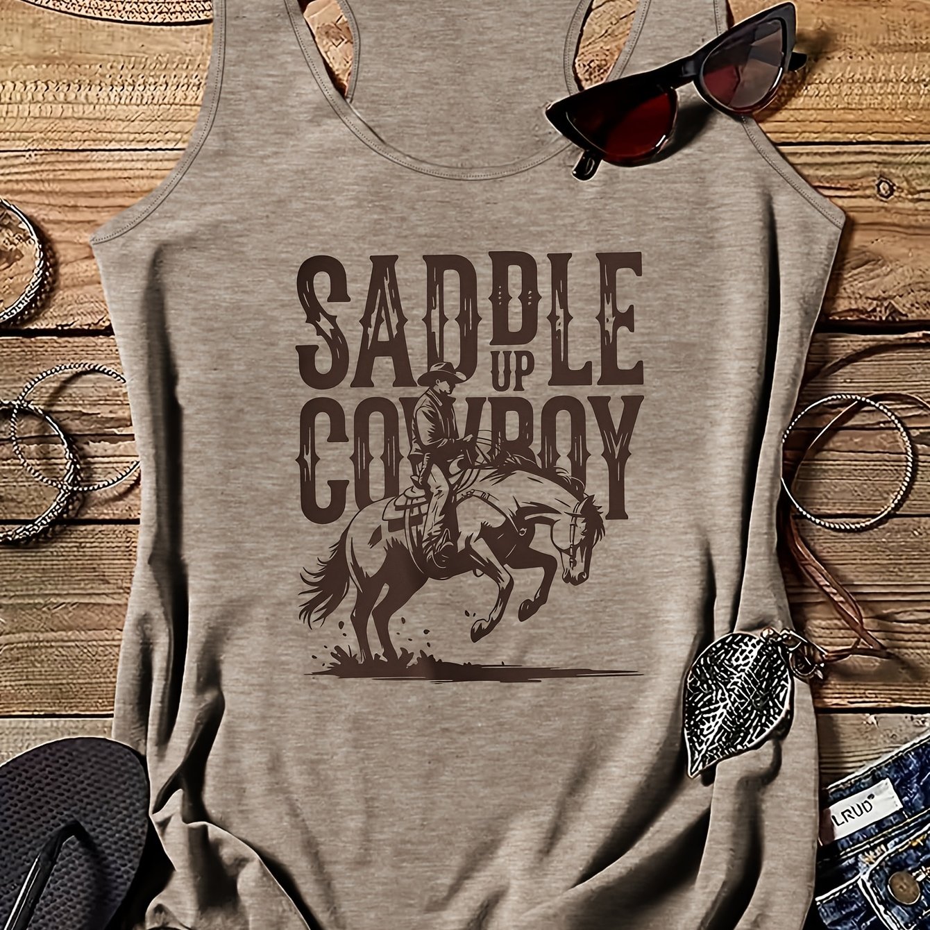 TEMU Women's Western Cowgirl Print Tank Top - Western Horse & Crew Neck Sleeveless Blouse Pb-2 Shirt | Machine Washable Non- Top Suitable For Summer,