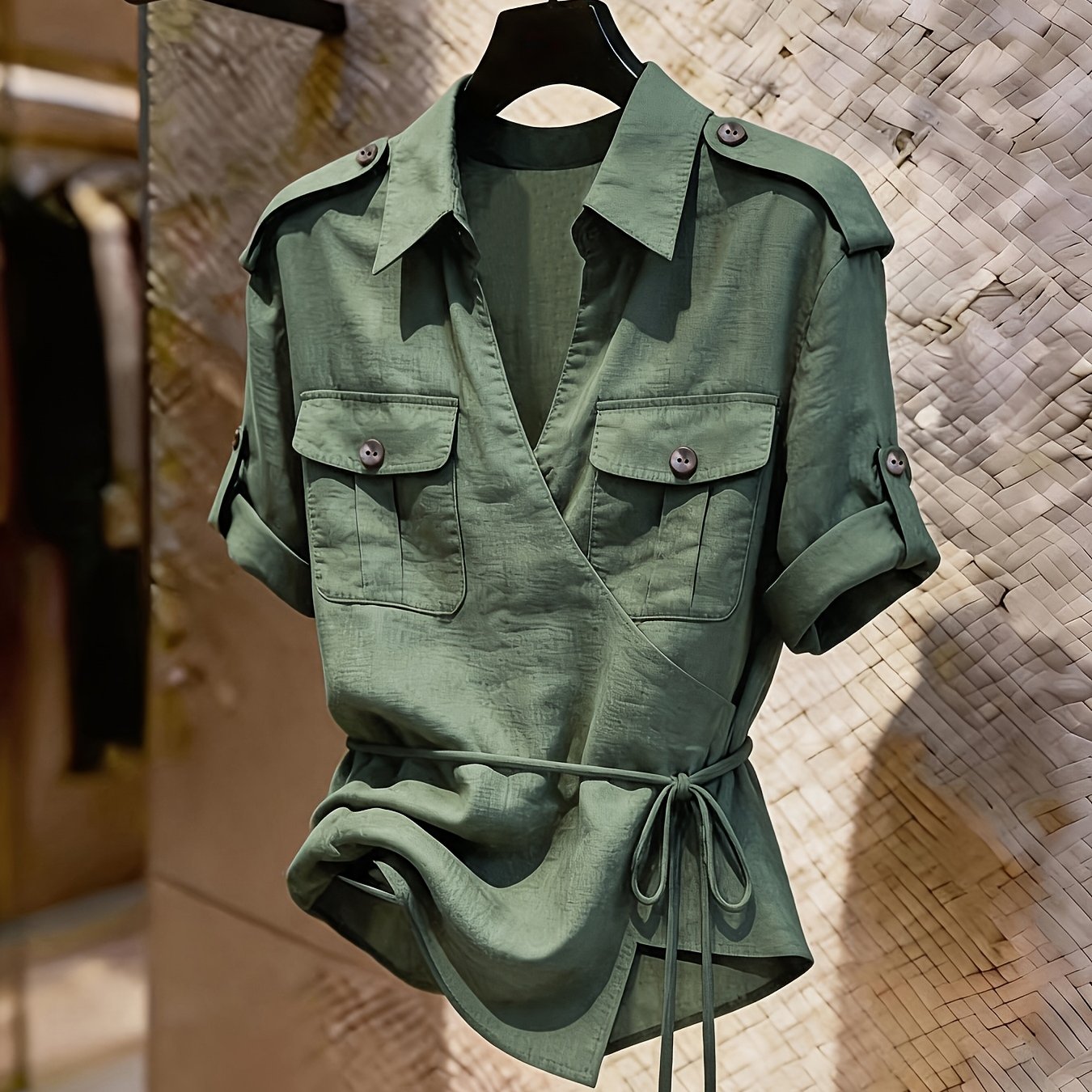 TEMU Haut d'été tendance pour femmes, élégant, couleur unie, col noué, épaules dénudées, manches courtes