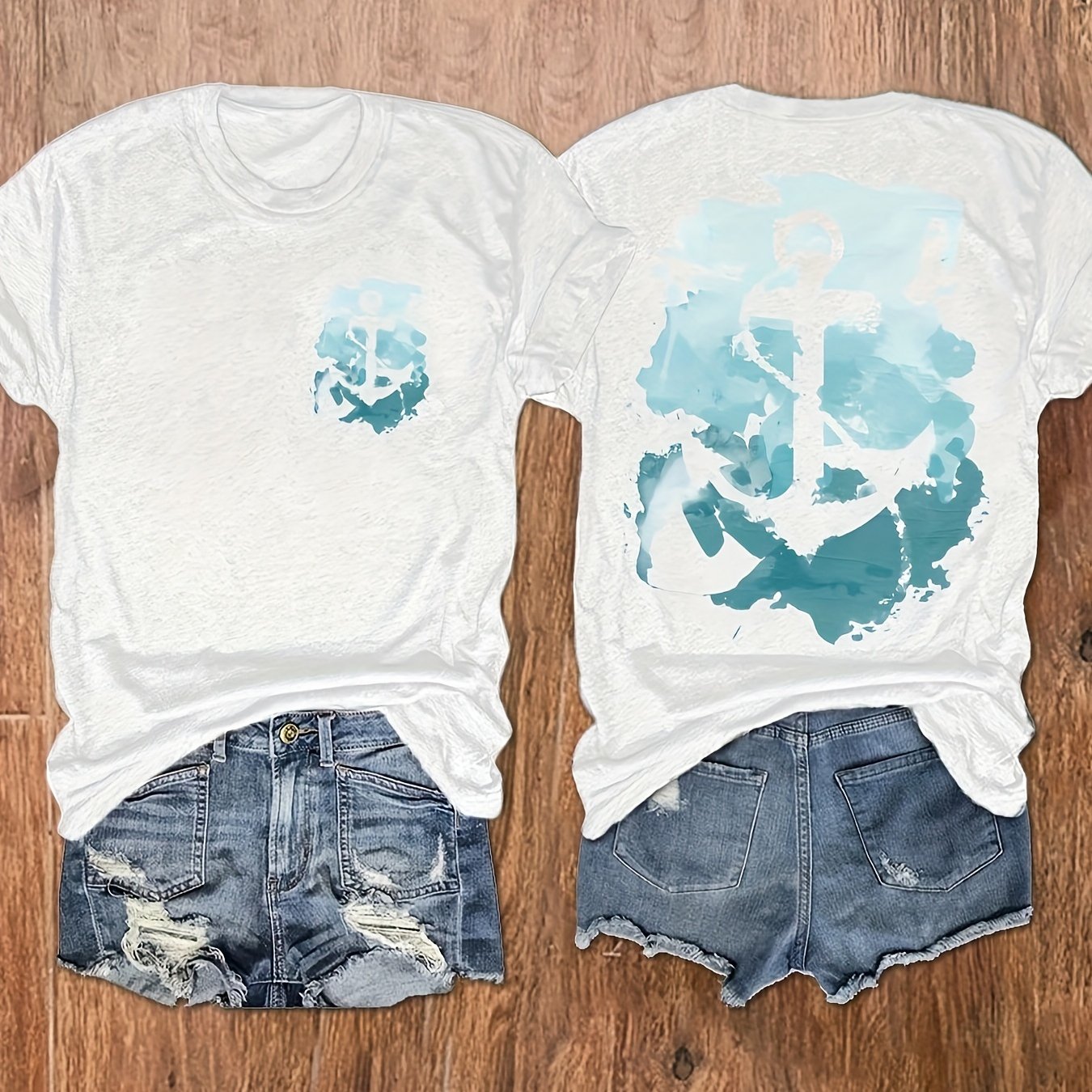 Image of Sea Print Round Neck T-shirt, Casual Vacation Women's Short Sleeve Top, Women's Clothing