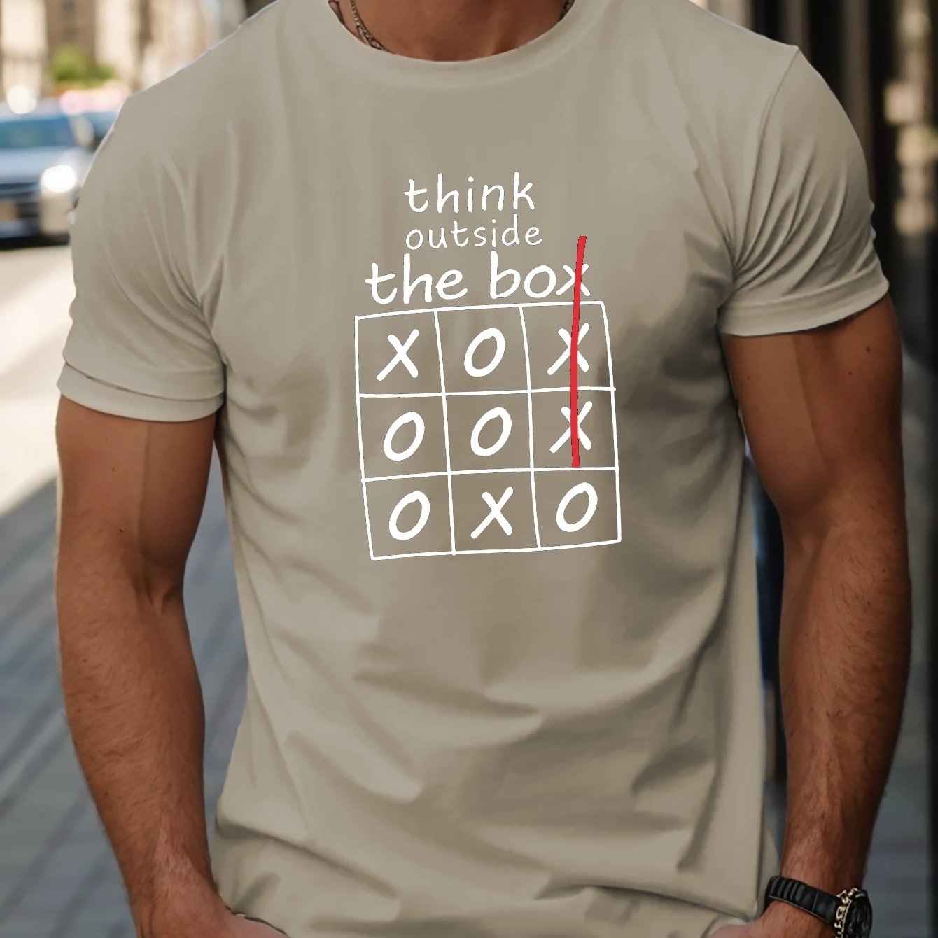 TEMU Men's Casual Short Sleeve T-shirt With Geometric Print - Breathable Polyester, Round Neck, Machine Washable - Perfect For Summer