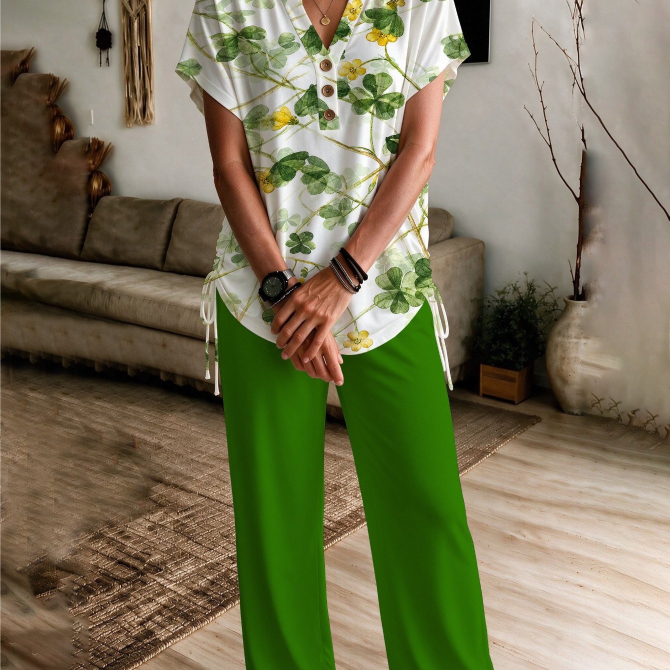 Image of Plus Size, Plus Size Women's 2pcs Set | Fashion Side Fake Drawstring, Notched V-neck With Functional Buttons, Elegant Clover Print, Casual - Ideal For , Gatherings & Loungewear