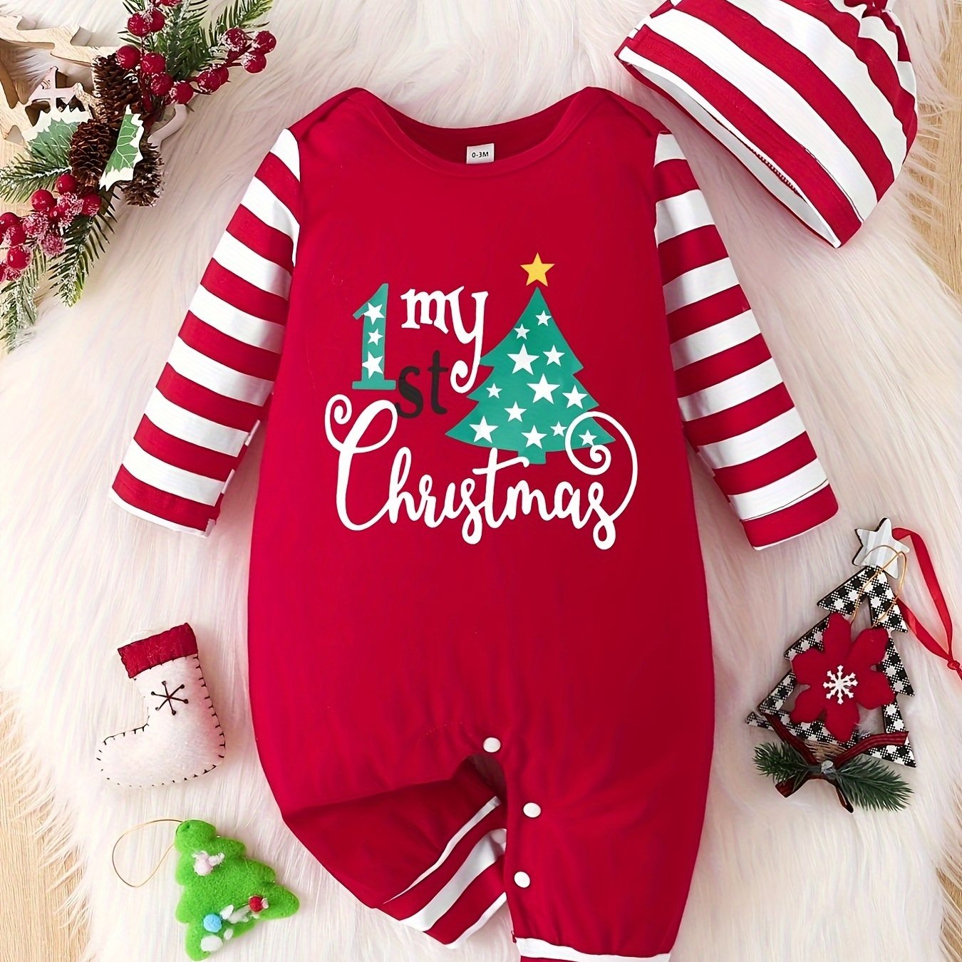 Image of Christmas Edition Unisex Infant And Toddler Baby Round Neck Letter Print Striped Long Sleeve Open-crotch Romper, Developed, Perfect For Outdoor