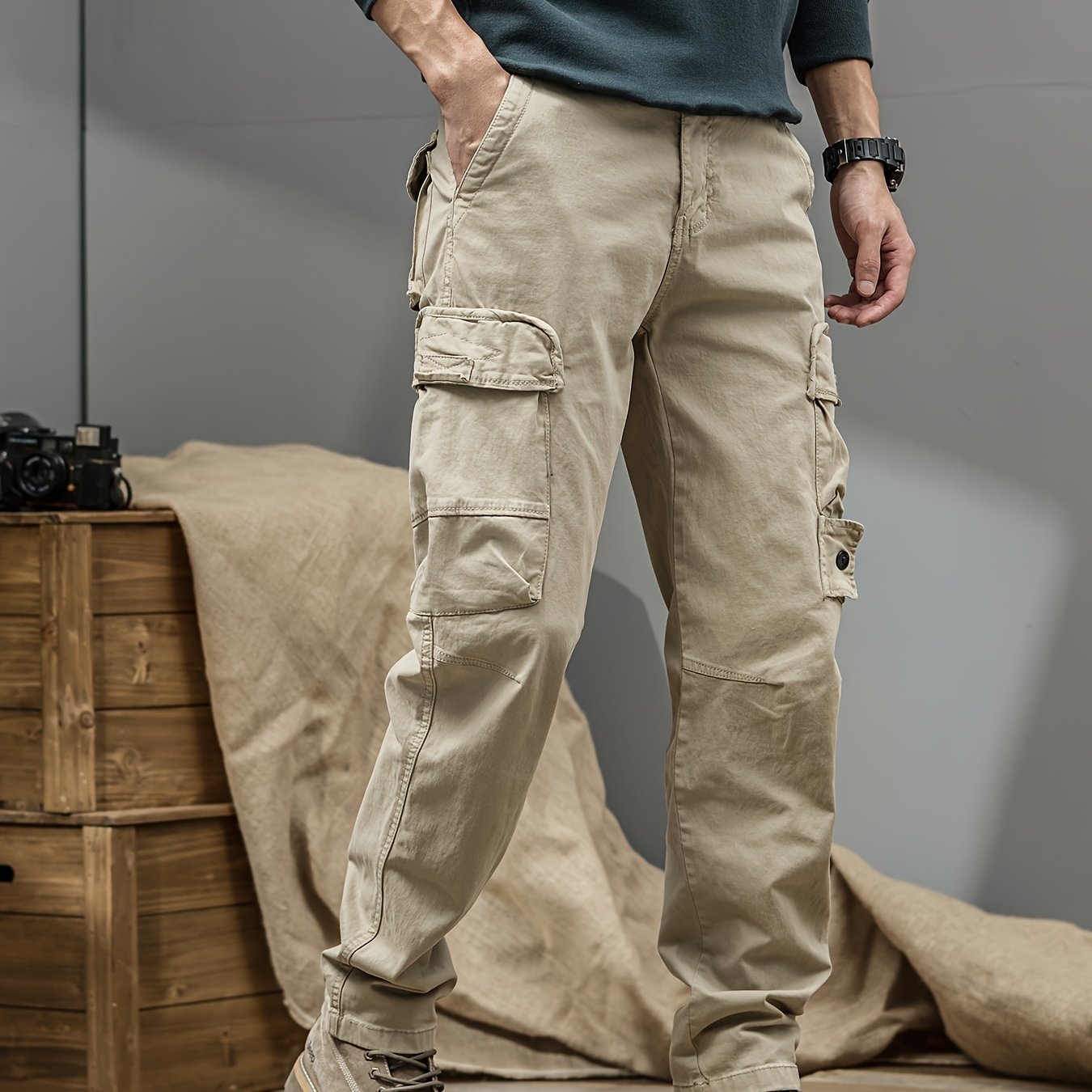 Image of Men's Casual Cargo Pants, Multi-pocket, Style Loose Straight-leg Pants, Cotton Blend, Machine Washable, Suitable For Casual Wear, Practical Workwear, Design, For Daily And Travel