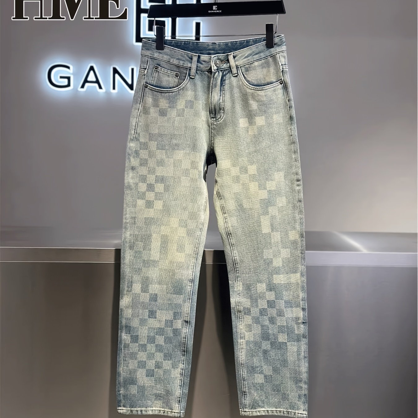 Image of Hme Men's Heavyweight Vintage Stretch Jeans - Light-washed Mosaic Chessboard, Low-rise Slim Straight With Ykk Zipper, Multi--colored Casual Pants Suitable For All- Wear (machine Washable)