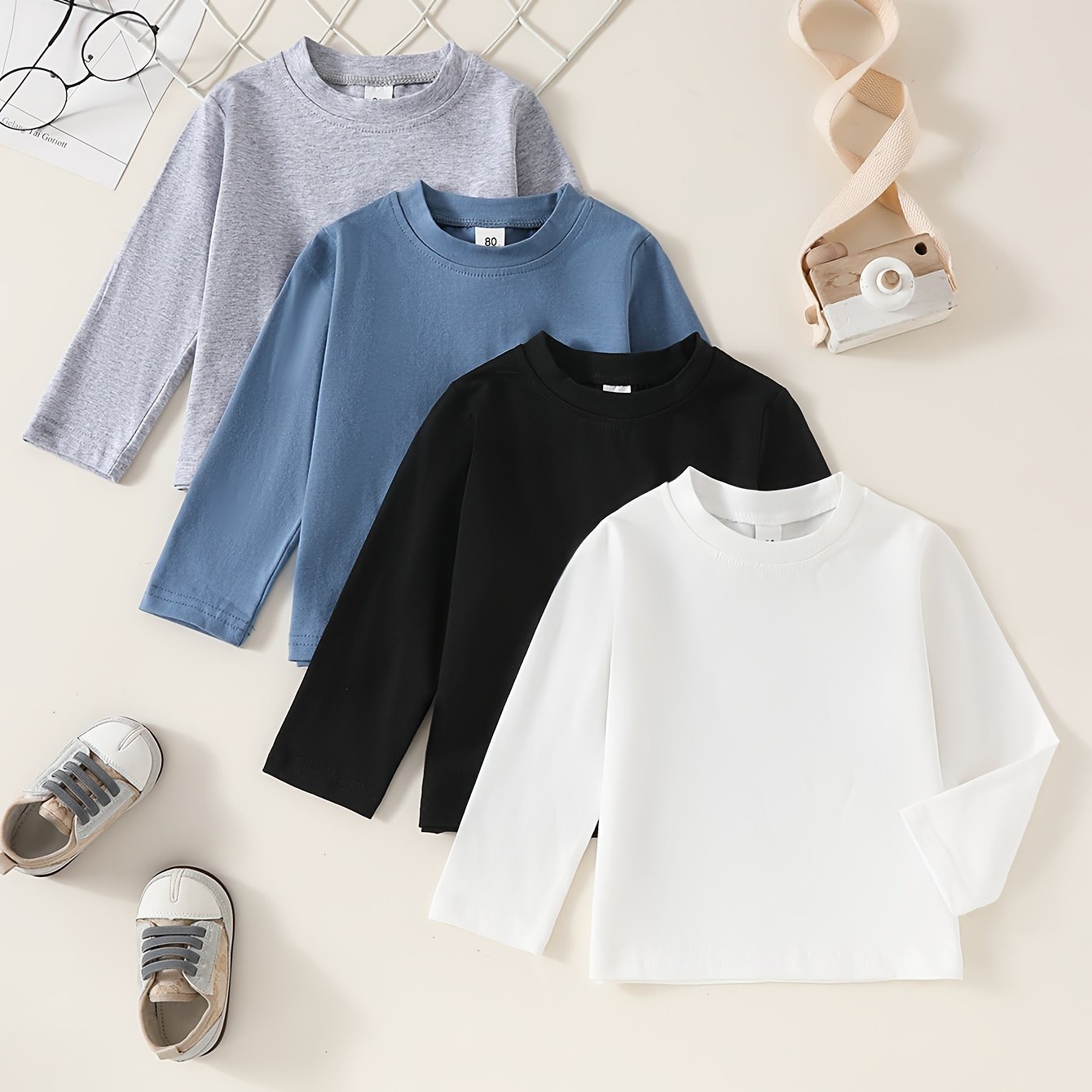 Image of 4-pc Solid Color Long-sleeve Baby T-shirts