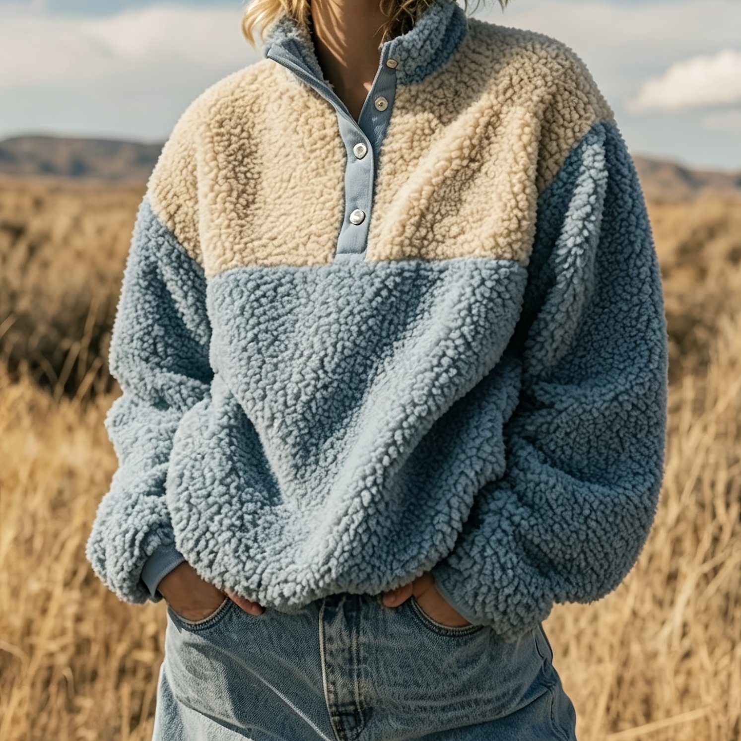 TEMU Autumn Winter New Women's Fashion Casual Color-block Half-button Plush Versatile Sweatshirt For /holiday/party/new Year's/christmas