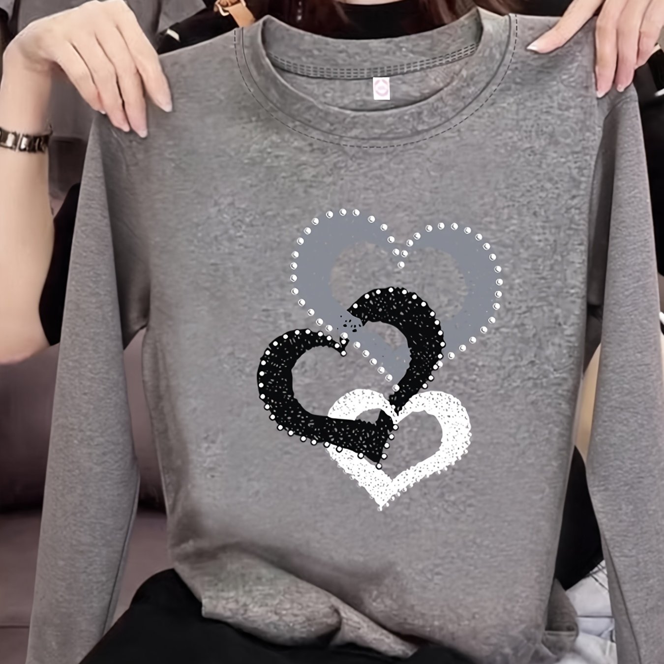 TEMU Spring Autumn Easy Round Neck Fashion Loose All-match Casual Long Sleeve T-shirt Women's Top Printed Inner Base Layer Tee