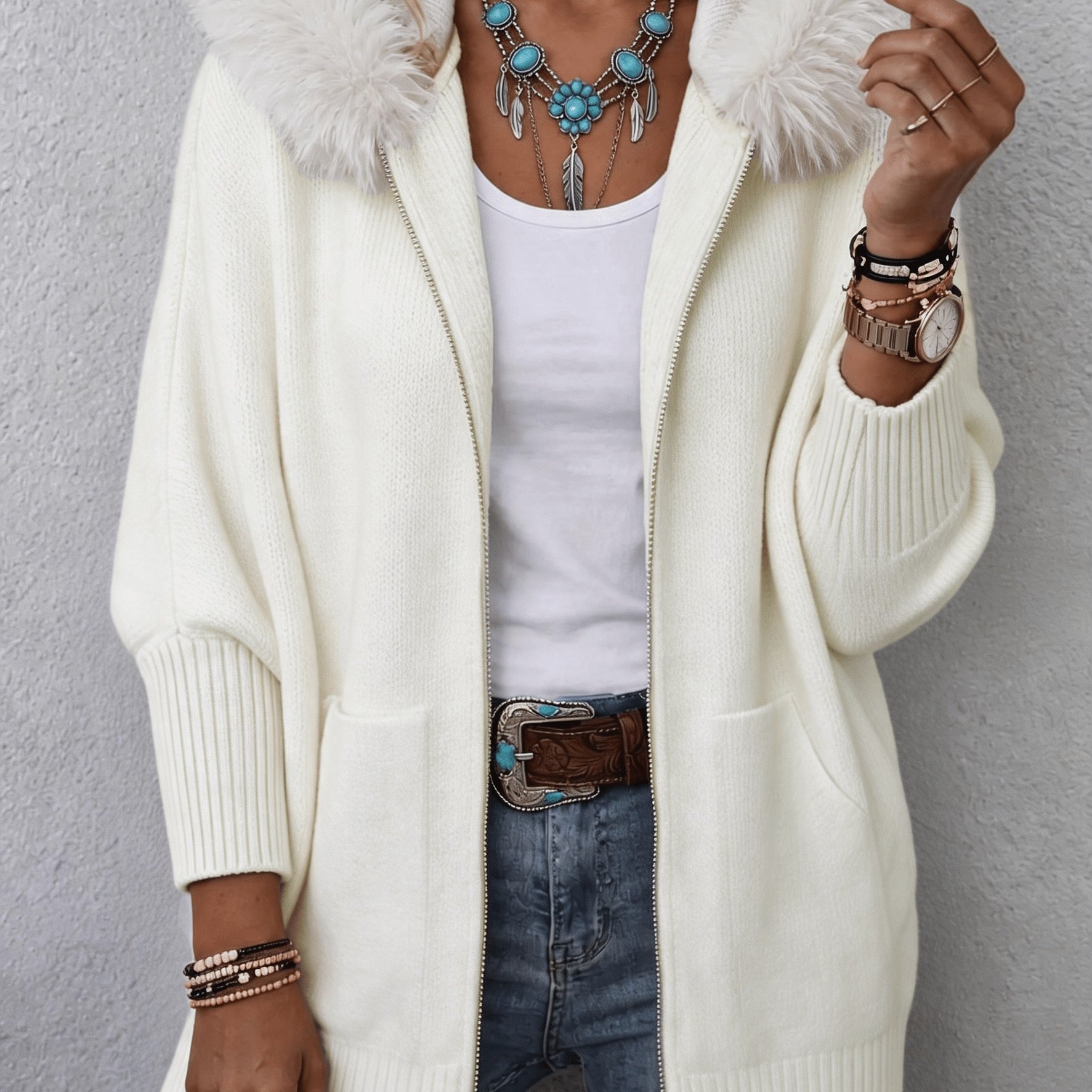 TEMU Cardigan Grande Taille pour Femme à Capuche avec Fausses Liserés, Style Bohème à Fermeture Éclair Intégrale, Cardigan Style Décontracté Mi-Long
