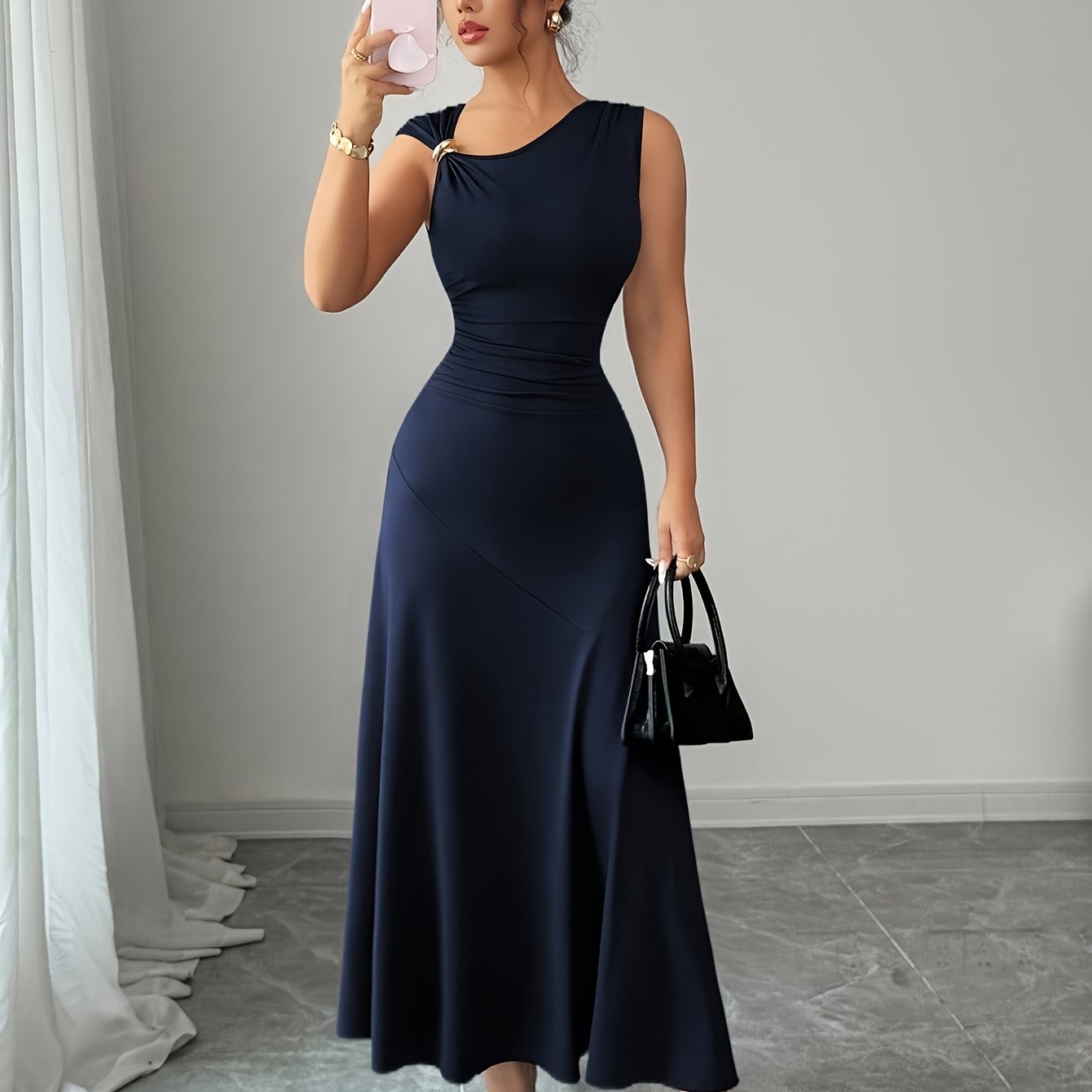 TEMU Casual And Elegant Women's Long Sleeveless Dress, Asymmetrical Collar, Metal Embellishments, Gathered Waist, Suitable For Daily Wear And