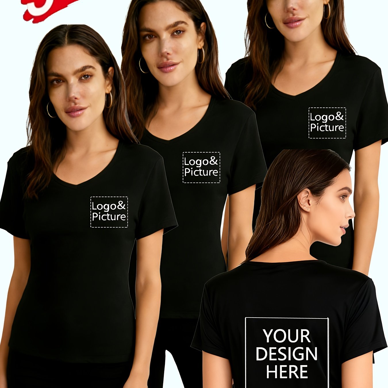 TEMU V-neck T-shirt 3pcs Set, Drapey Employee Team Customization Suitable For Team Building/workwear/party/individual Personalized Print Comfortable