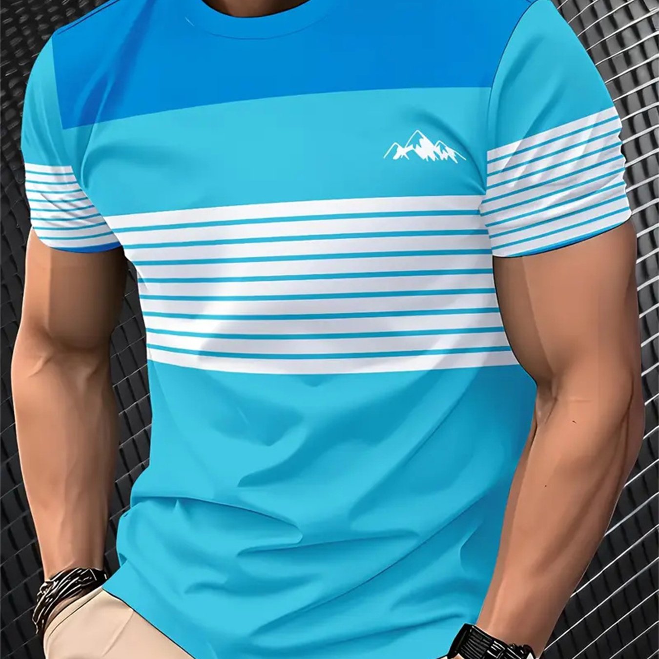 TEMU Fashion Casual Striped Graphic T-shirt 3d Print Geometric Small Mountain Pattern Men's Summer Sailor Collar Short Sleeve Tee Retro Contrast