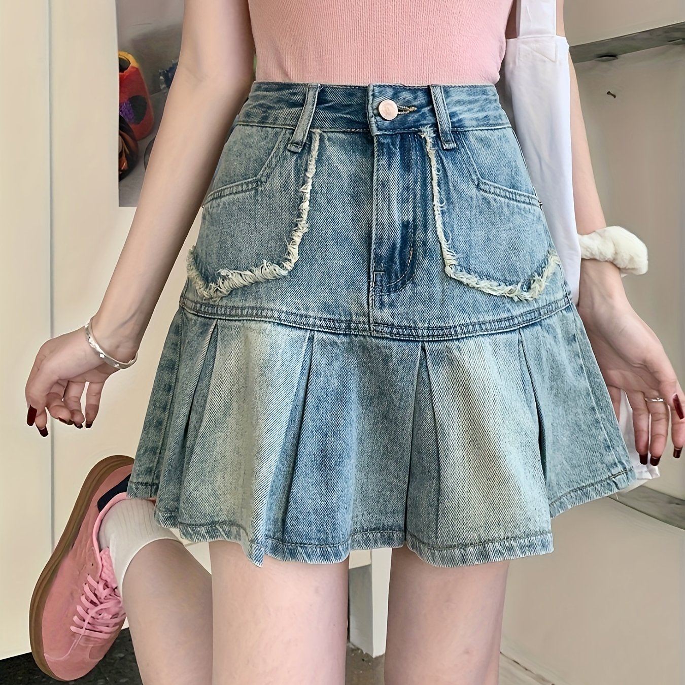* Seam Detail Pleated A-line Denim Skirt, Zipper Button Closure Retro  Washed Mini Denim Skirt, Women's Denim Jeans & Clothing