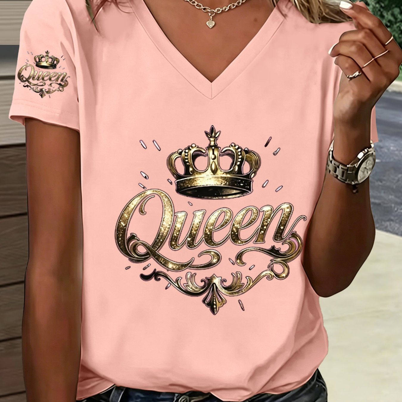 TEMU 1pc Women's Y2k Queen Crown Print V-neck T-shirt - Single-sleeve -friendly Top Suitable For Casual & Sportswear, Machine Washable V-neck