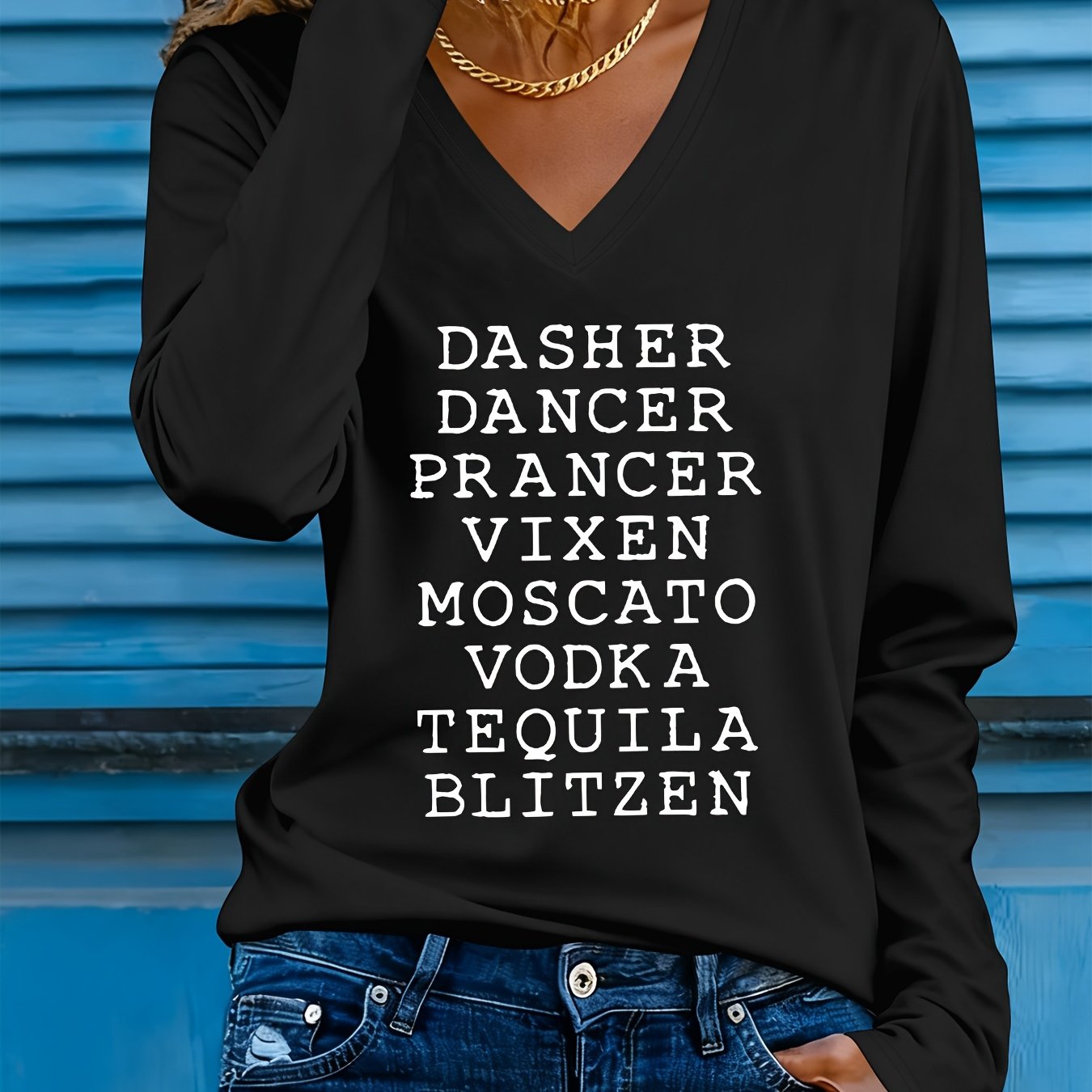 TEMU Women's Fashion Long-sleeve T-shirt, With Letter Print V-neck Design, Street Vintage Style, Suitable For