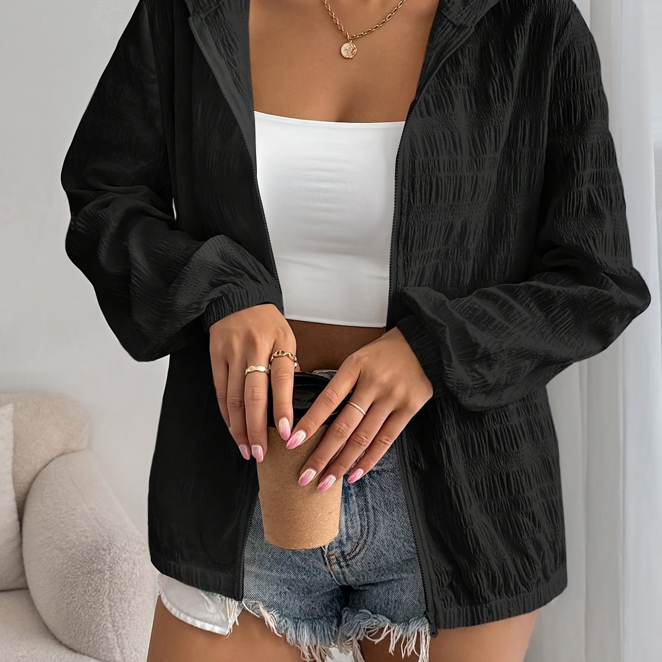 Women's Lightweight Hooded Jacket With Zipper Closure - Casual Long Sleeve Solid Color Outerwear, Machine Washable & Dry , Versatile Layering Piece