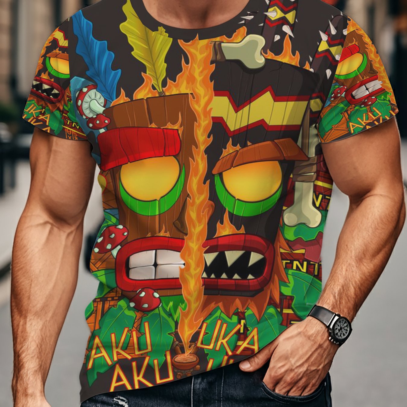 TEMU [printed Design â Not Textured] Men's Full-body Printed T-shirt Featuring And Uka Uka Masks, A Stylish Casual For . This Fun Novelty T-shirt Is