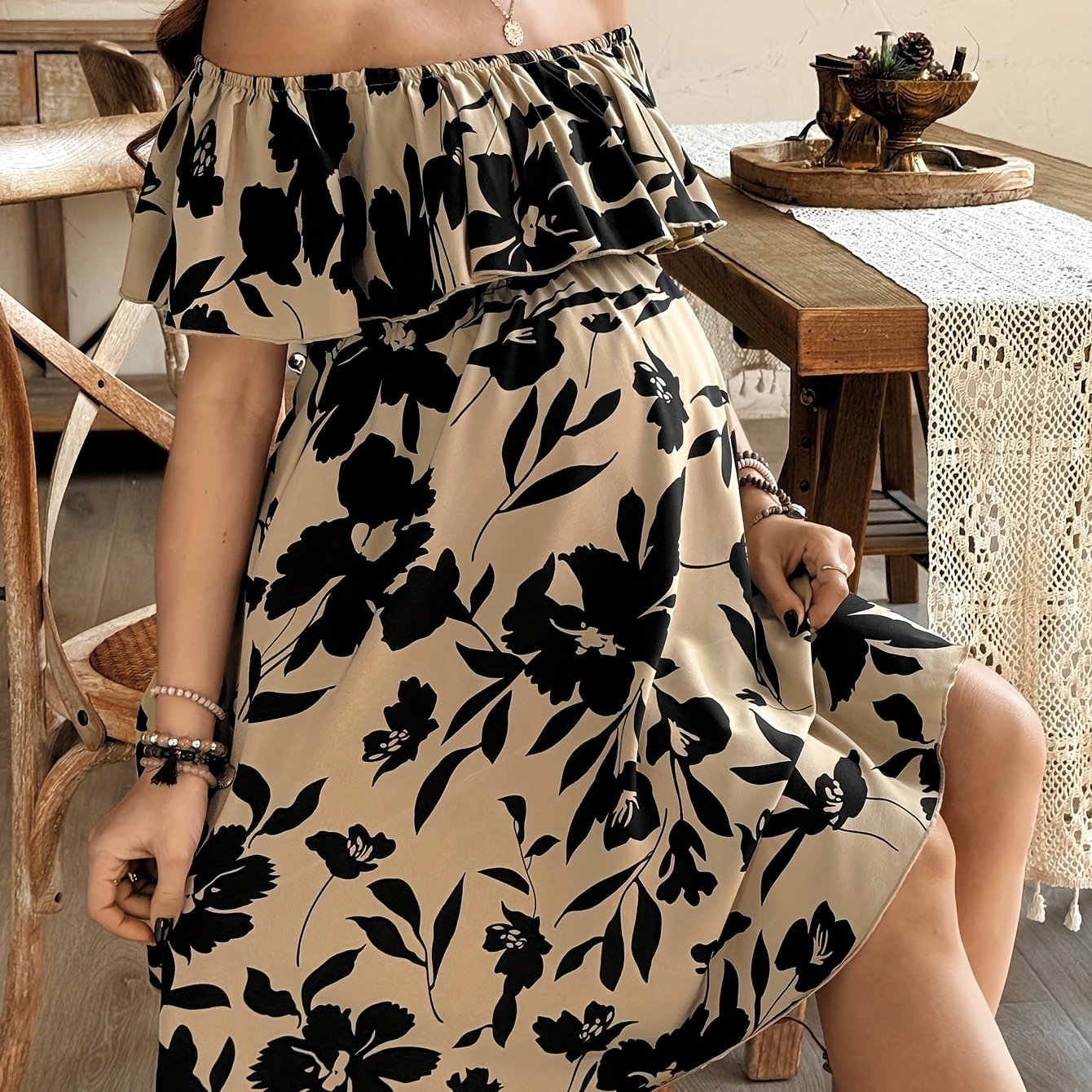 E-shop Damen Kleid mit Blumenmuster und schulterfreiem Ausschnitt - Fließendes A-Linien-Schwangerschaftskleid mit Blumenmuster, nicht dehnbarer Stoff