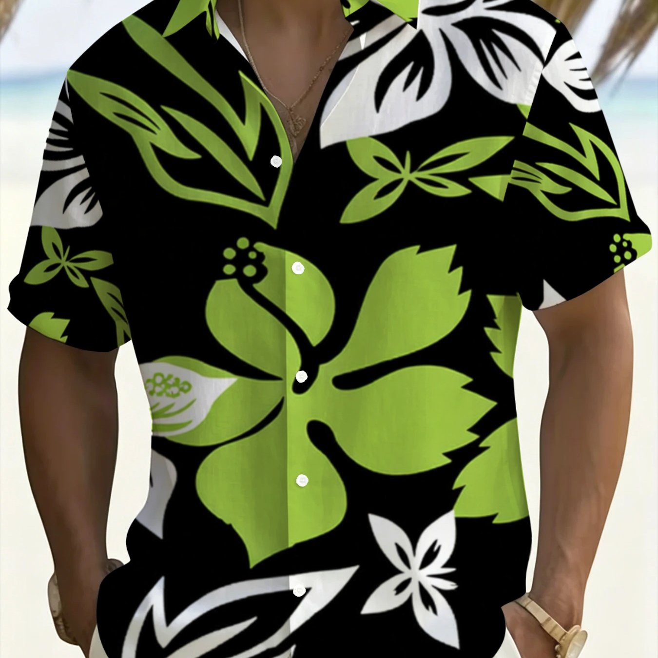 TEMU Men's Hawaiian Print Plus Size Short Sleeve Shirt, With Green And White Floral Pattern, Summer Casual Beach Shirt