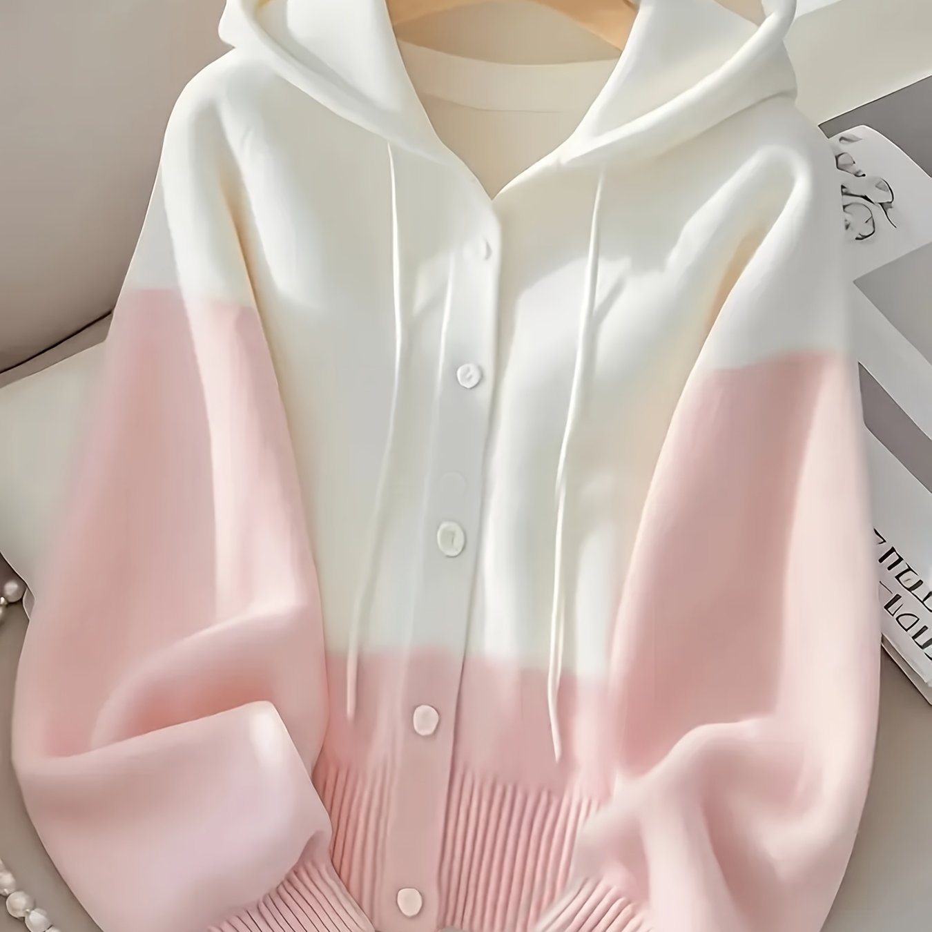 TEMU Plus Size - Plus-size Sweater Contrast Hooded Cardigan, Cozy Long Sleeve Cardigan With Button Details, Perfect For Fall/winter