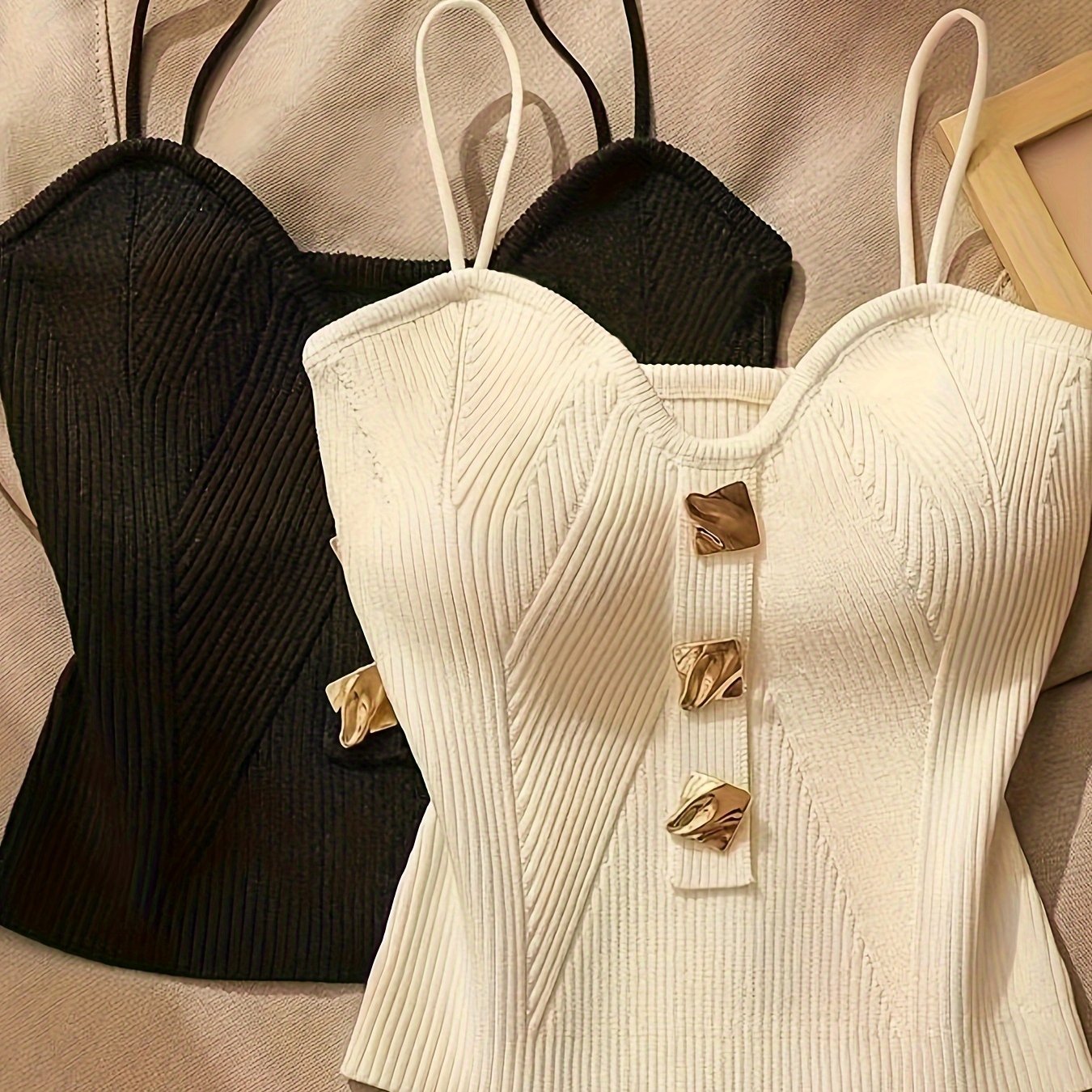 TEMU 2pcs Chic V-neck Knit Tank Tops For Women, Solid Color Sleeveless Camisole With Button Detail, Polyester Slingback Tops